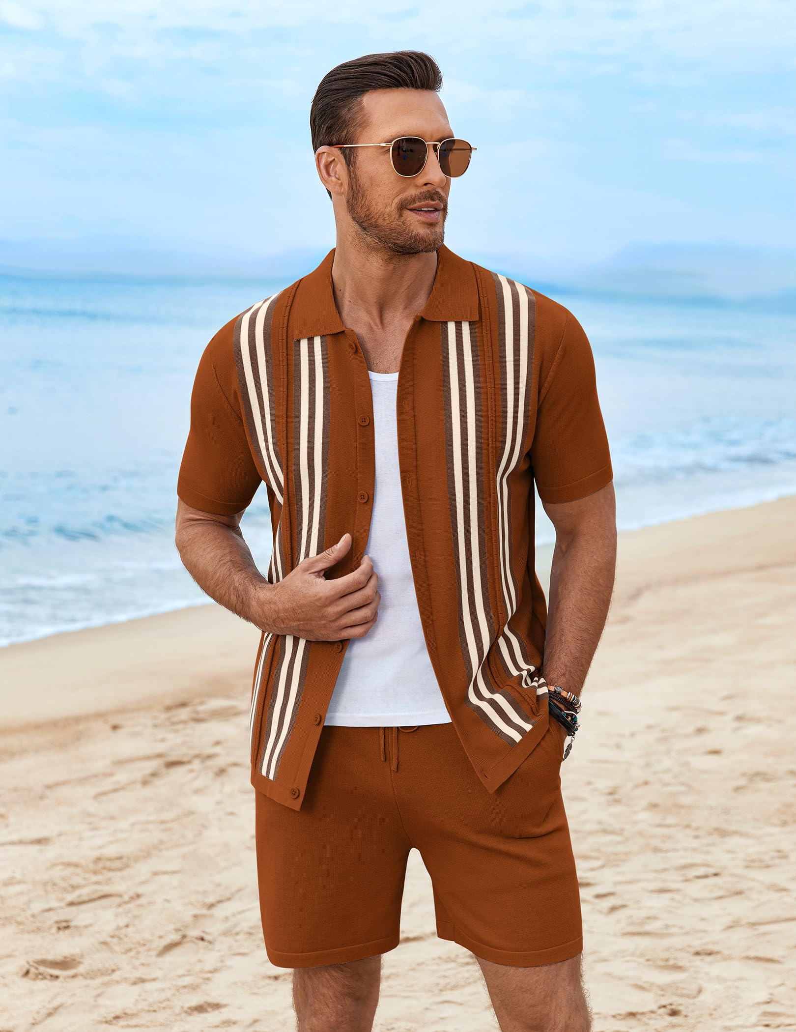 COOFANDY Men's 2 Piece Outfits Summer Short Sets Vintage Knit Button Down Shirt Short Sleeve Polo Casual Beach Suits