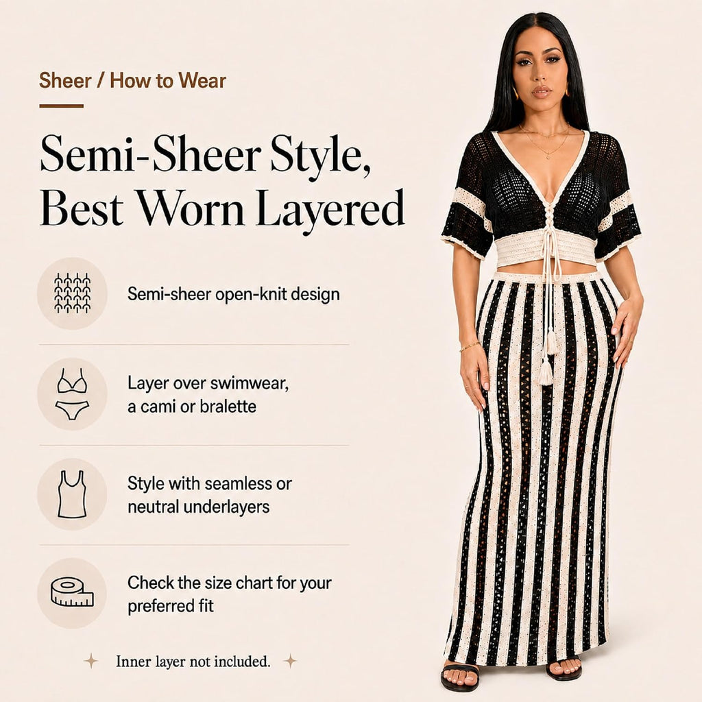 KANSOON Crochet Skirt Set for Women Two Piece Crochet Cover Up | Semi-sheer hollow-out resort layer, tie-front crop top, flattering striped maxi skirt for beach vacation, cruise,poolside
