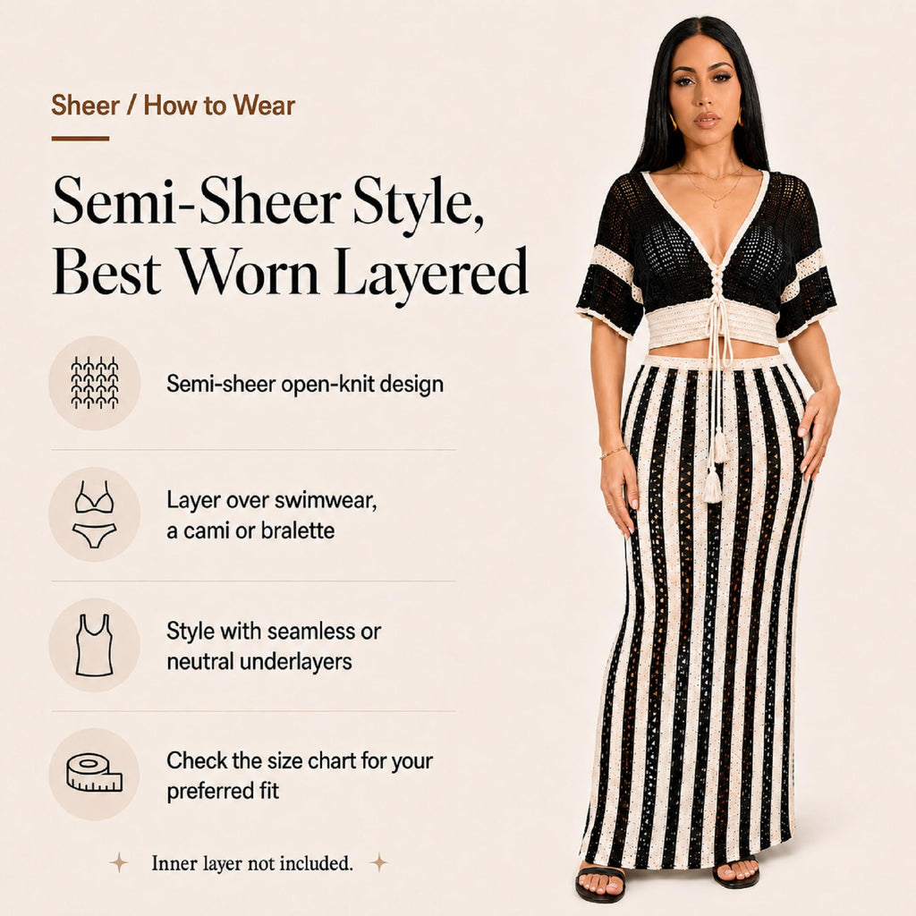KANSOON Crochet Skirt Set for Women Two Piece Crochet Cover Up | Semi-sheer hollow-out resort layer, tie-front crop top, flattering striped maxi skirt for beach vacation, cruise,poolside