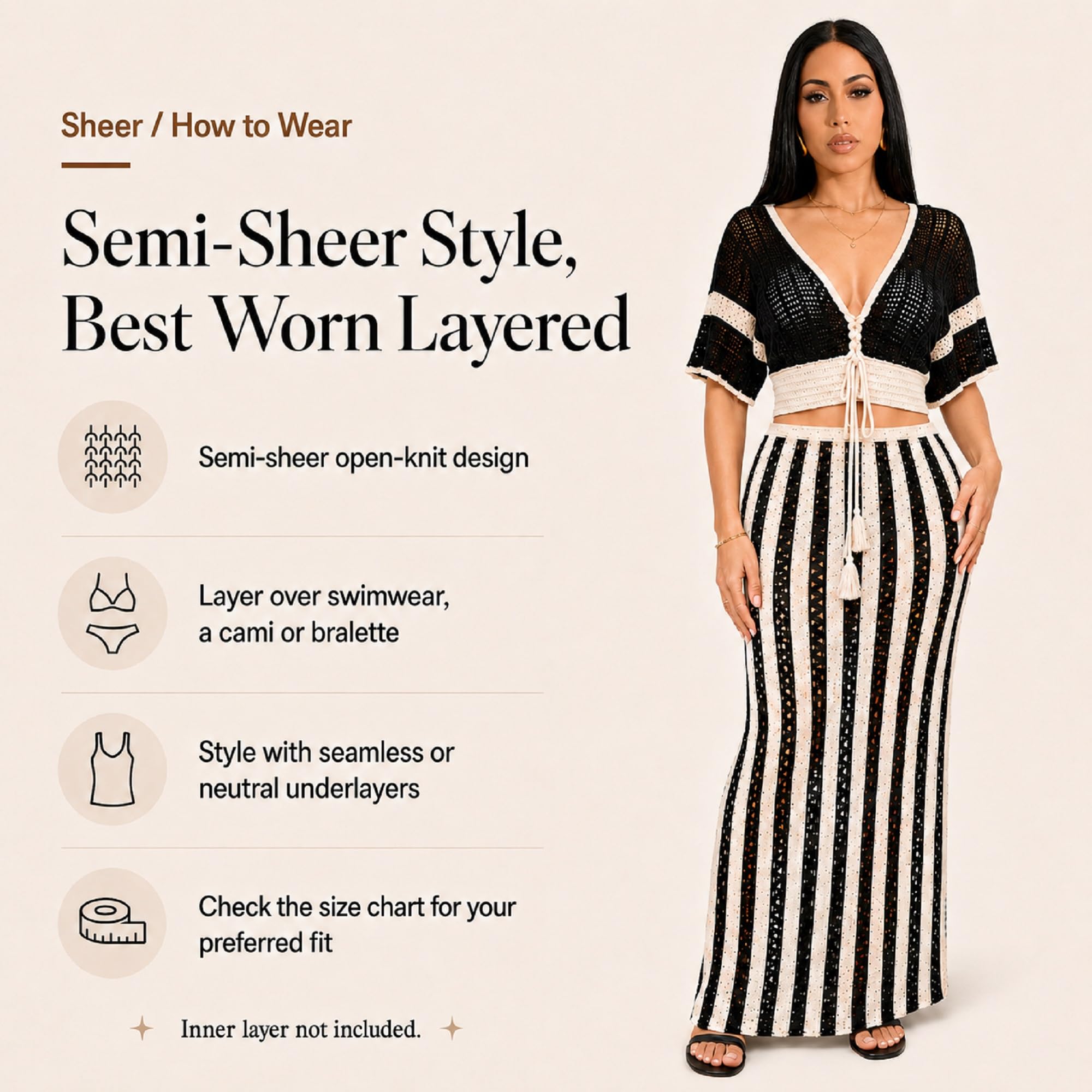 KANSOON Crochet Skirt Set for Women Two Piece Crochet Cover Up | Semi-sheer hollow-out resort layer, tie-front crop top, flattering striped maxi skirt for beach vacation, cruise,poolside