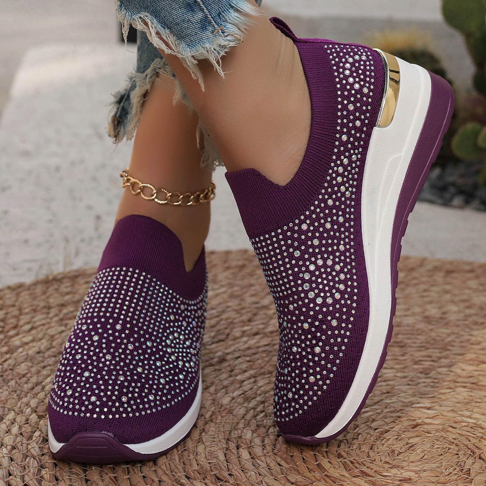 Shoes for Women Dressy Casual,Rhinestone Sneakers for Women Sparkly Bling Women's Rhinestone Mesh Slip-On Summer Shoes Breathable Spakle Glitter Comfortable Orthopedic Wedge Walking Shoes