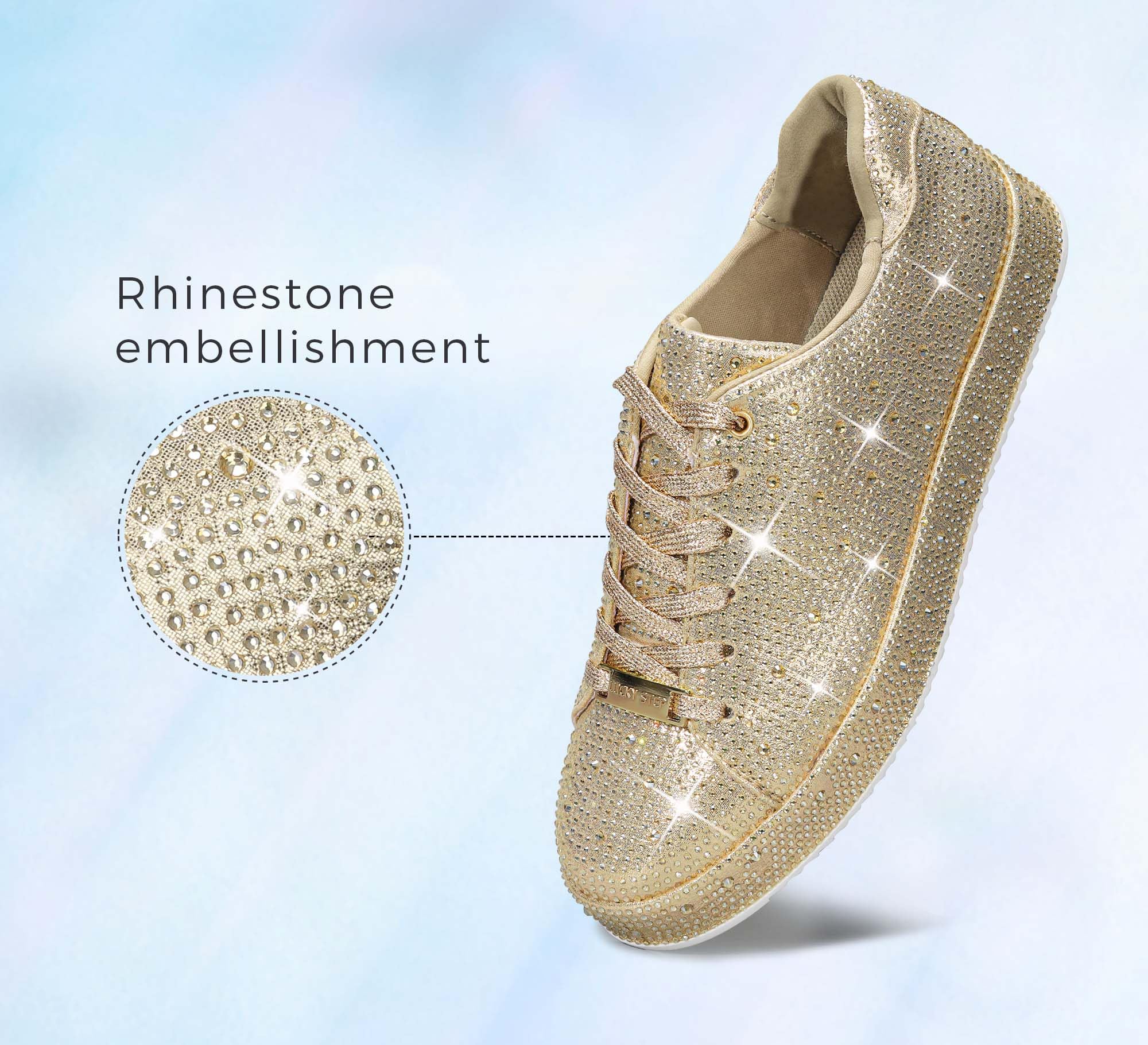 LUCKY STEP Women's Platform Rhinestone Sneakers | Sparkly Fashion Glitter Material|Sparkle Bling Bedazzled|Wedding Bridal Shiny Shoes