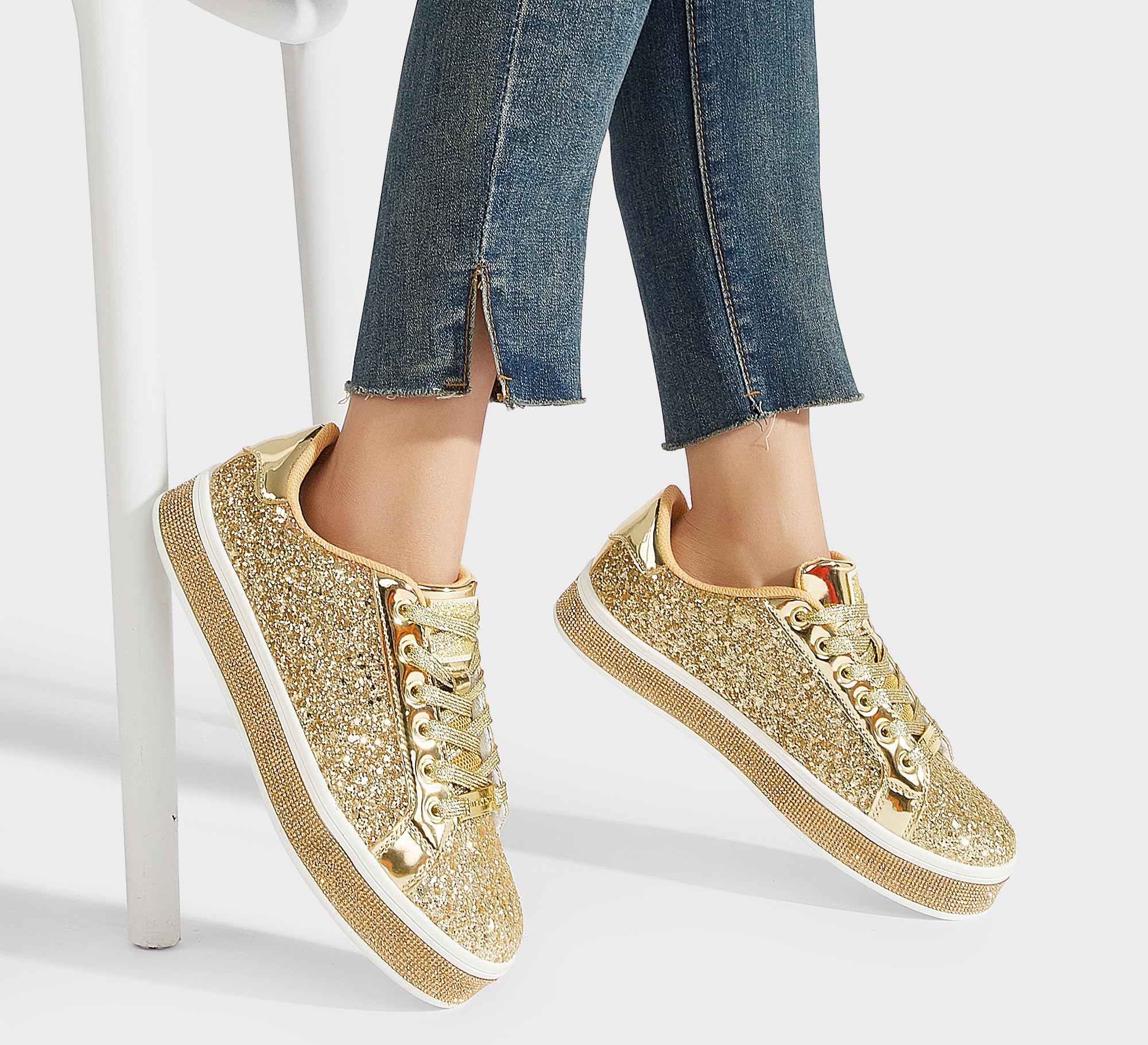 LUCKY STEP Women's Platform Sparkly Glitter Sneakers | Bling Shiny Dressy Bedazzled Wedding Bridal Fashion Walking Shoes