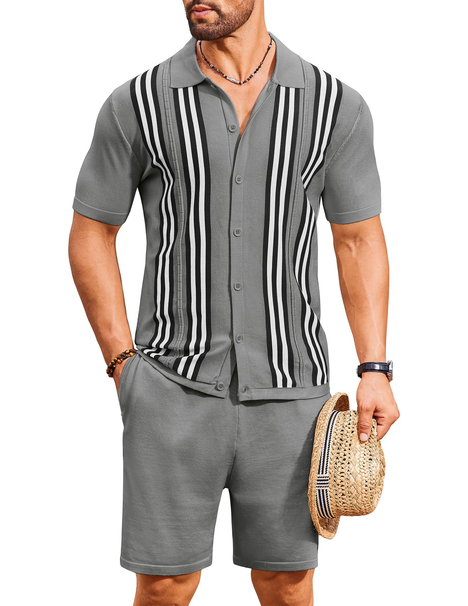 COOFANDY Men's 2 Piece Outfits Summer Short Sets Vintage Knit Button Down Shirt Short Sleeve Polo Casual Beach Suits