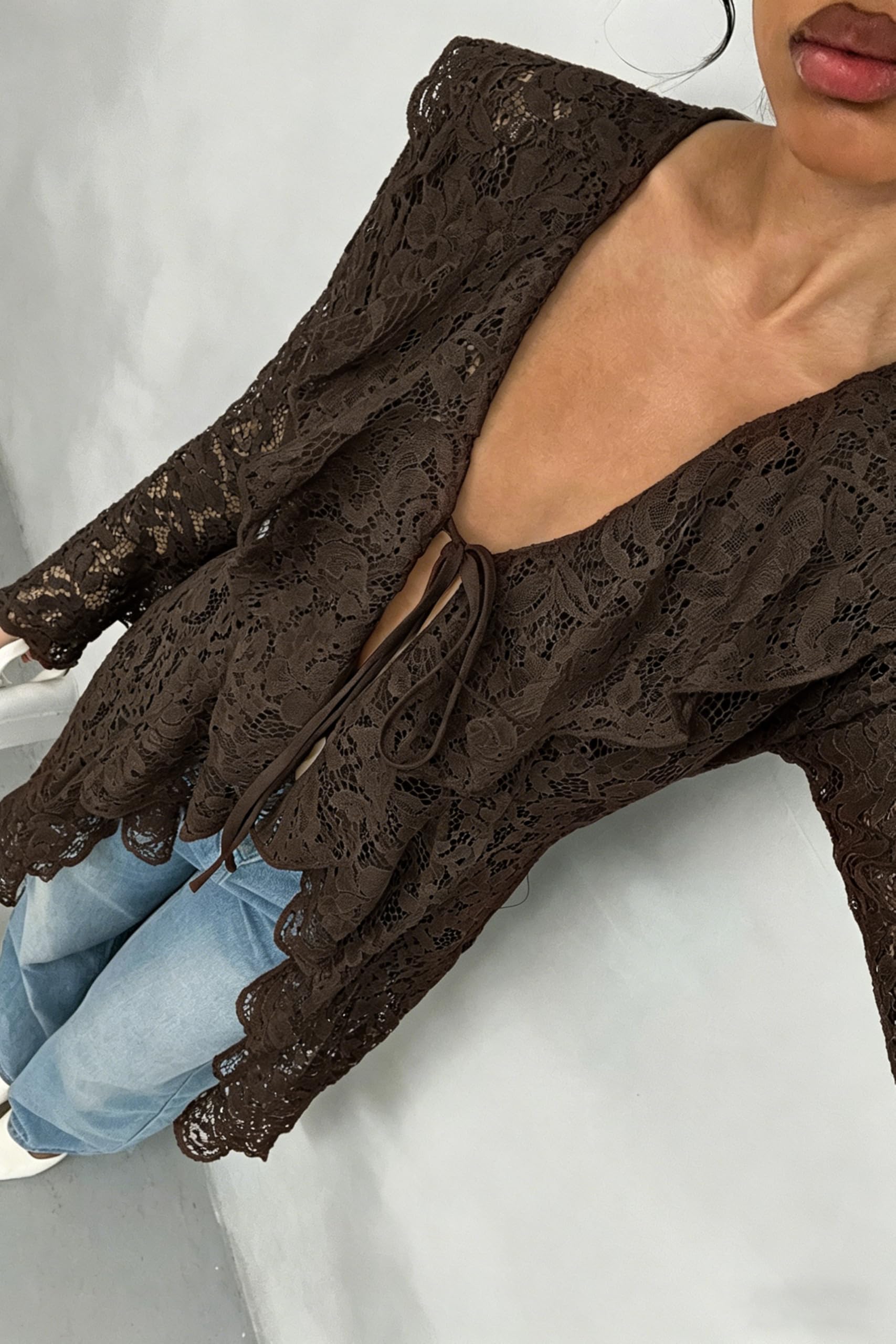 Lace Cardigan for Women Maxi Summer Lightweight Open Front Tie Bell Long Sleeve Ruffled Tops Duster Swimsuit Cover Up