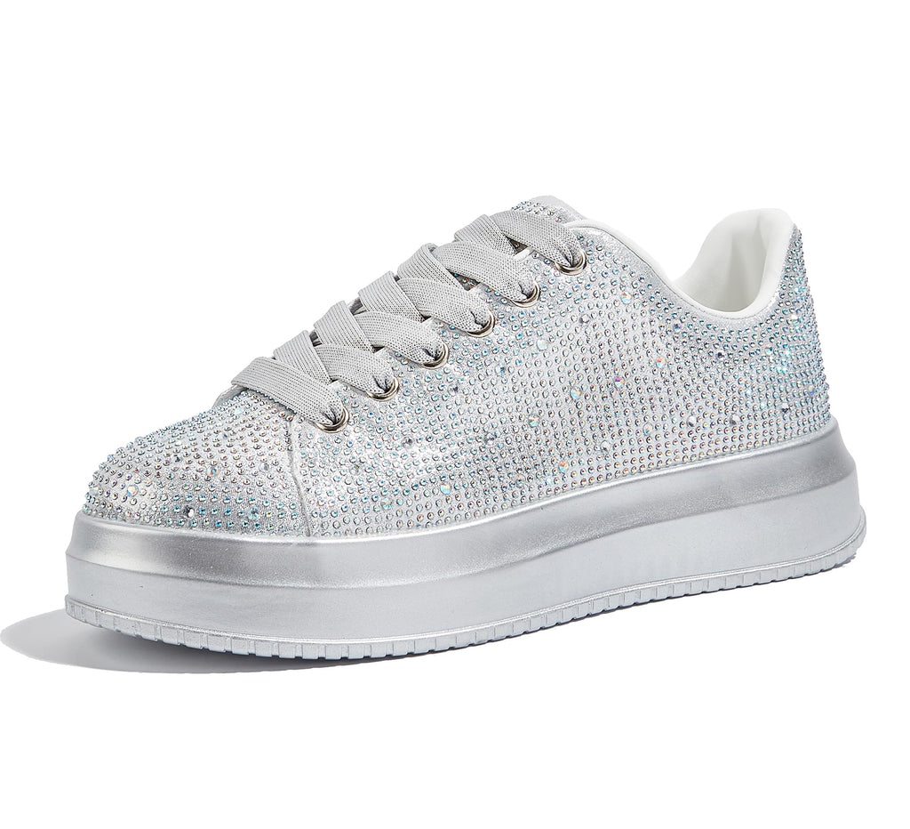 LUCKY STEP Rhinestone Platform Sneakers for Women | Sparkly Glitter Bling Tennis Shoes Fashion Wedding Party Walking Sneakers