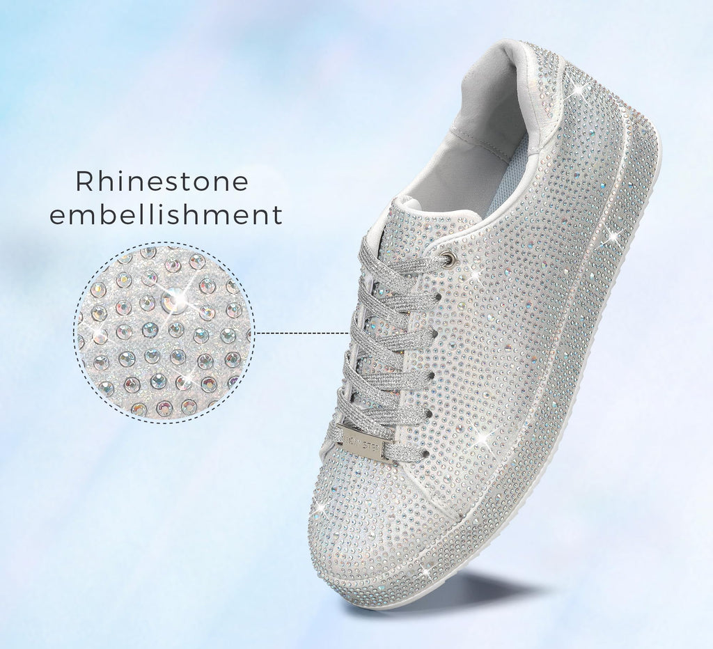LUCKY STEP Women's Platform Rhinestone Sneakers | Sparkly Fashion Glitter Material|Sparkle Bling Bedazzled|Wedding Bridal Shiny Shoes