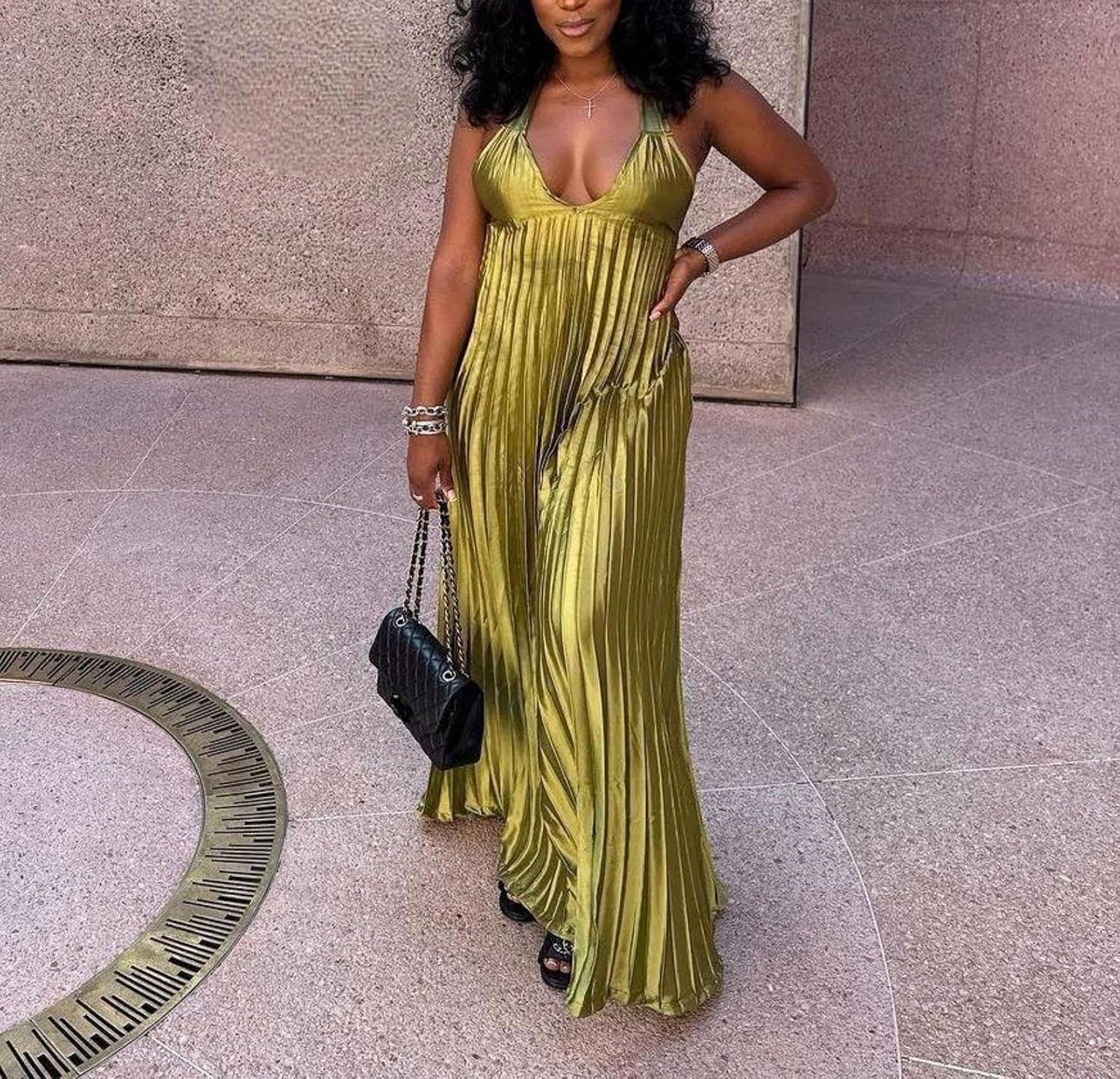 LAJIOJIO Women Pleated Maxi Dress Flowy Spaghetti Strap Halter Long Dresses | V Neck Sleeveless Dress,Summer Casual,Swing,Backless