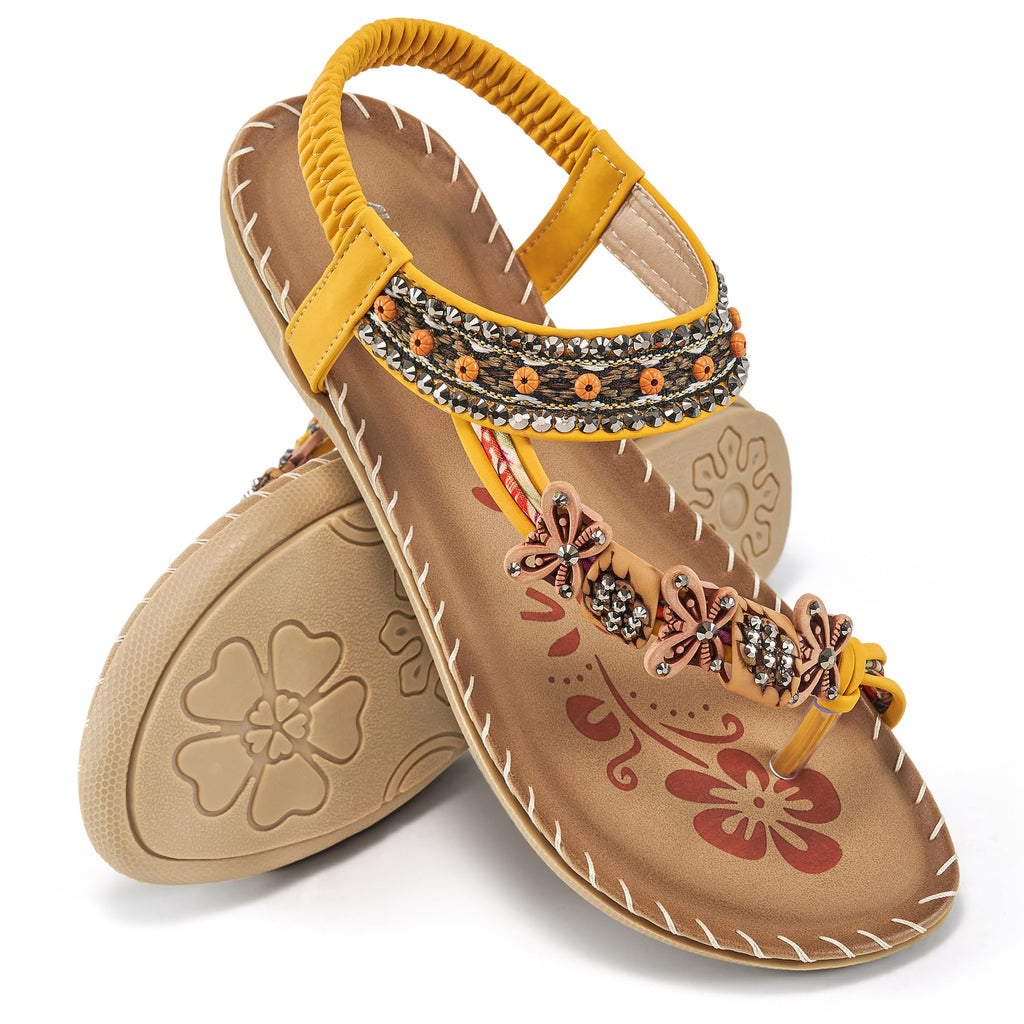 Ablanczoom Flat Sandals for Women Summer: Casual Boho Beaded Toe Ring Dress Shoes - Comfortable Vacation Daily Walking Shoes