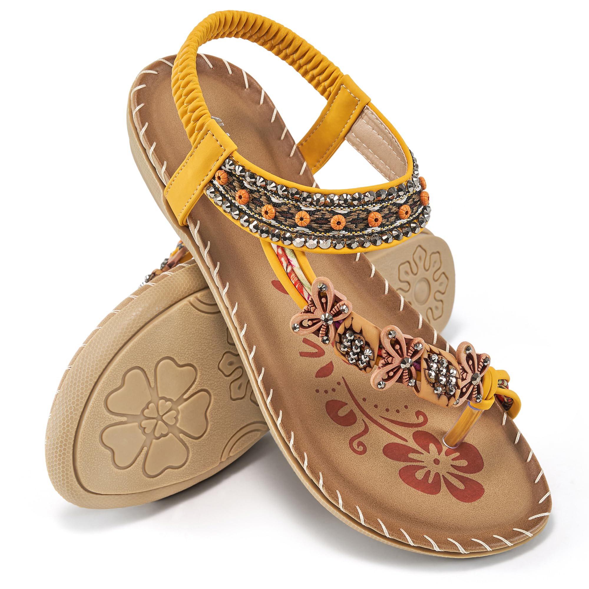 Ablanczoom Flat Sandals for Women Summer: Casual Boho Beaded Toe Ring Dress Shoes - Comfortable Vacation Daily Walking Shoes