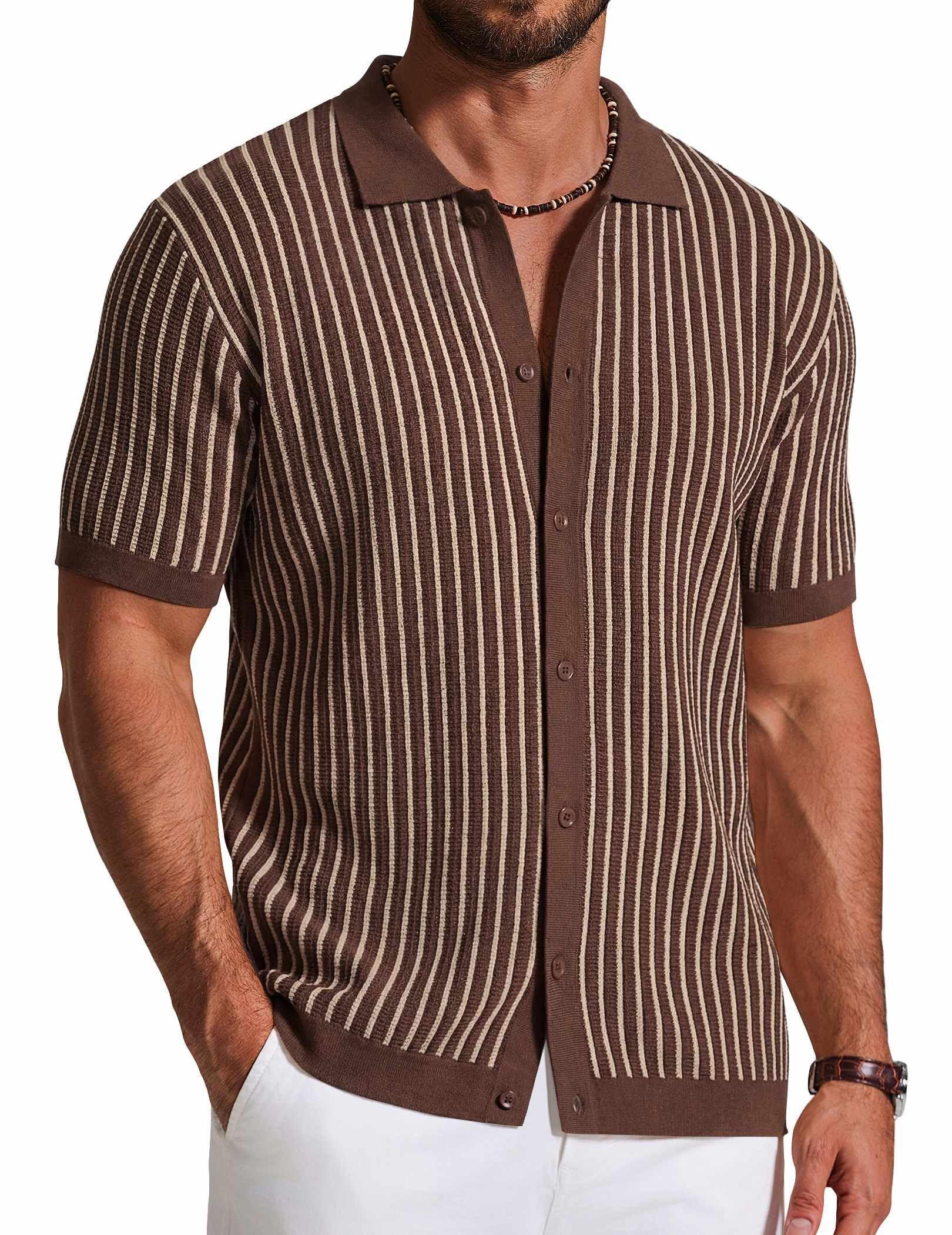 COOFANDY Mens Knit Button Down Shirts Short Sleeve Polo Shirt Vintage Striped Casual Shirts