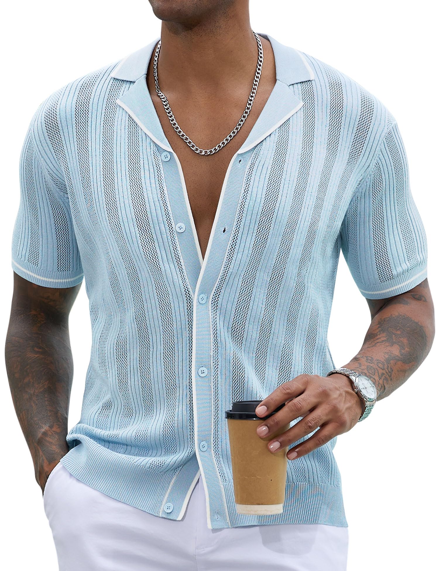 Men's Knit Button Down Shirt Short Sleeve Vintage Knitted Striped Summer Beach Tops S-XXL