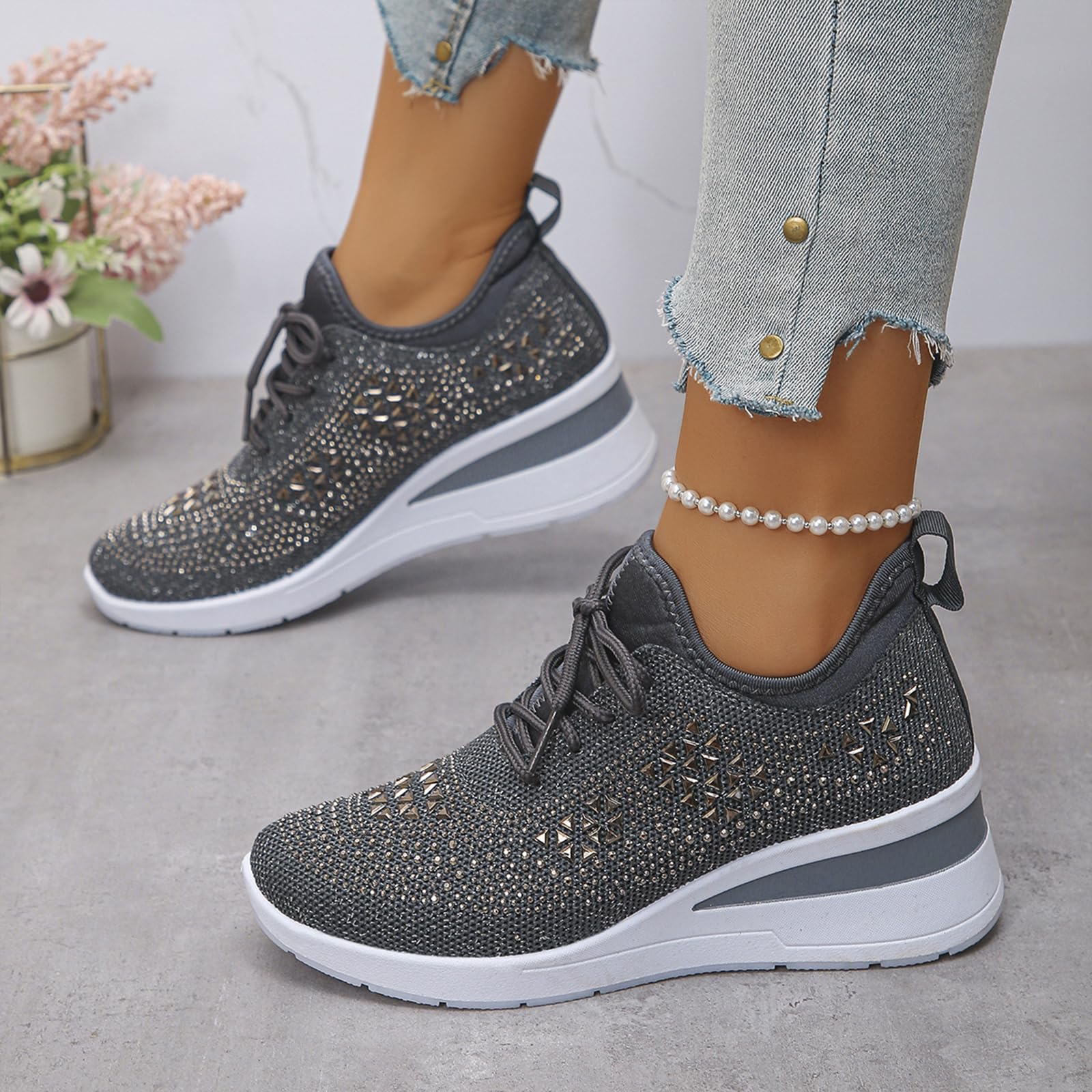 Glitter Rhinestone Wedge Sneakers with Lace-Up for Women Fashion Shiny Sequin Comfort Orthopedic Breathable Mesh Round Toe Soft Sole Tennis Walking Shoes