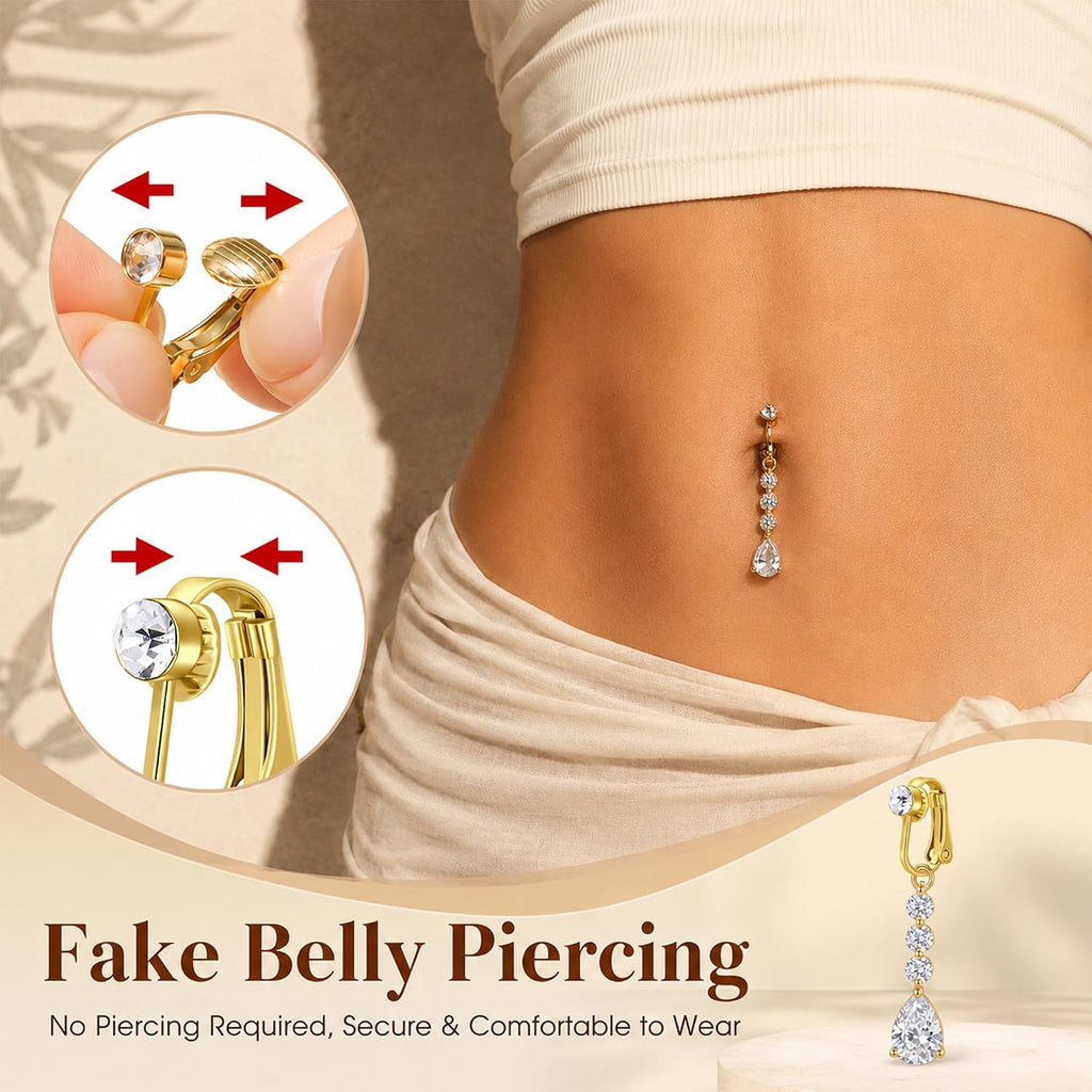 D.Bella Fake Belly Piercing Gold Clip On Belly Button Rings for Women Non Piercing Dangle Navel Jewelry Daily Wear
