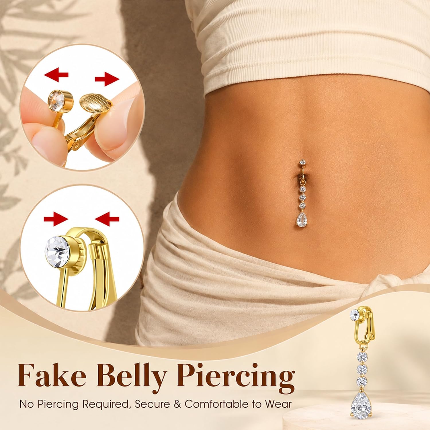 D.Bella Fake Belly Piercing Gold Clip On Belly Button Rings for Women Non Piercing Dangle Navel Jewelry Daily Wear