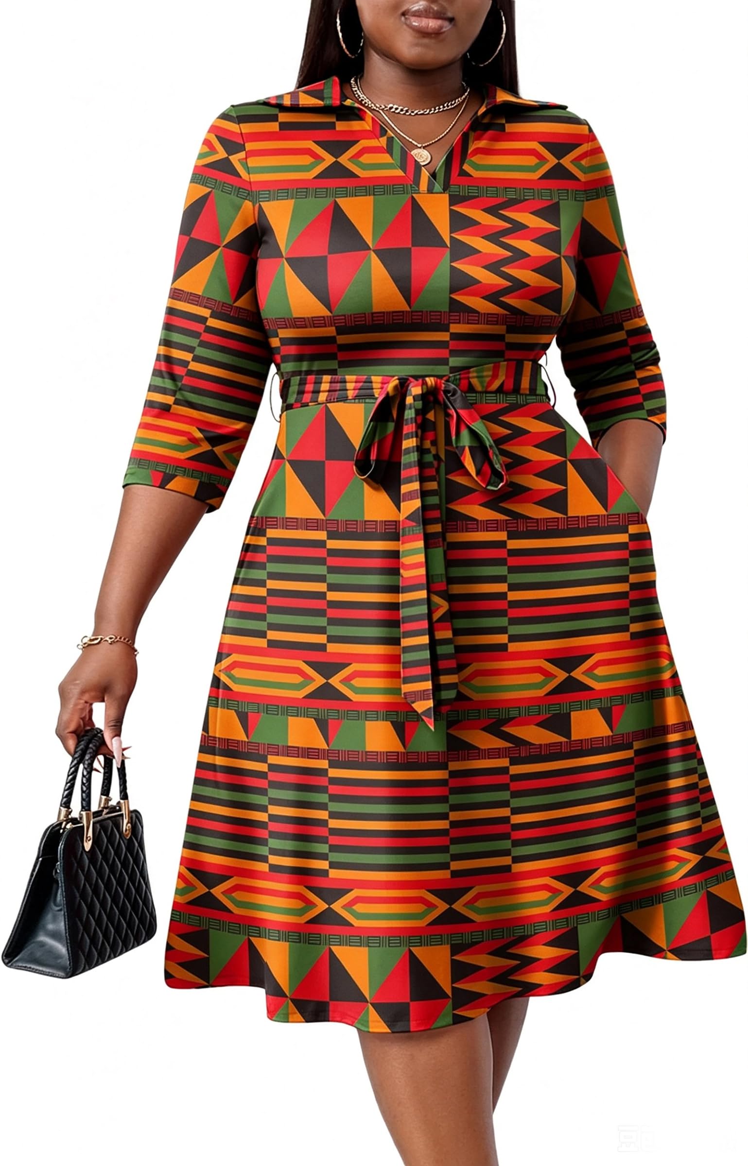 FANDEE Plus Size Midi Dress for Women Casual - Fit and Flare Summer Dresses | Semi Formal,African Print,Polo Collar Cocktail Dress,With Pockets And Belt