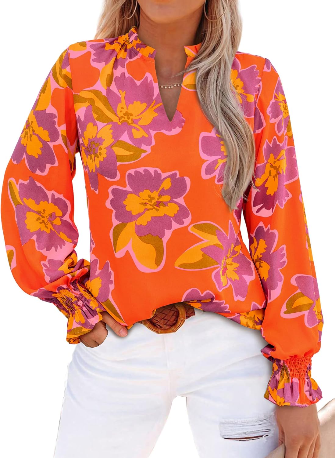MASCOMODA Womens Boho Floral Long Sleeve Loose Chiffon Blouses | Puff Sleeve Ruffle V Neck Tops, Work Blouses for Women Dressy Casual, 2026 Summer T Shirts, Hawaiian Shirts for Women