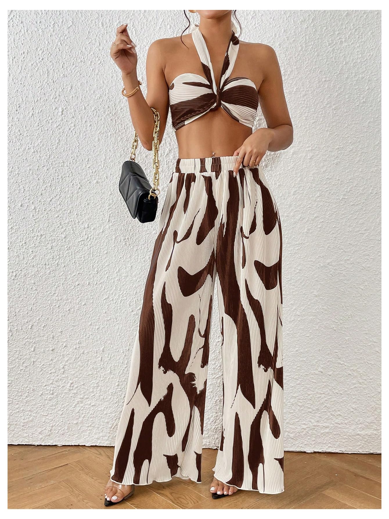 OYOANGLE Women's 2 Piece Graphic Halter Top Wide Leg Pants Vacation Outfits | Knitted, Sleeveless, Crop, High Waist, Beach Club, Summer Sets, Sexy Resort Wear