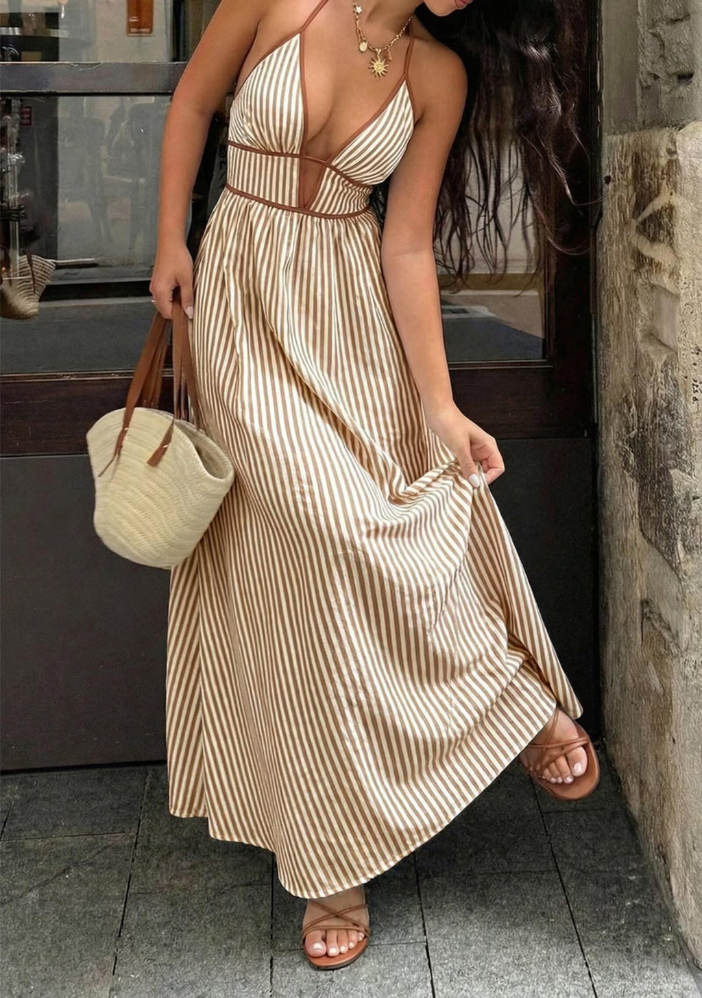 Women Summer Striped Halter Maxi Dress Sexy Beach Vacation Sundress | Casual, travel brunch dresses, soft fabric, deep v neck, backless, smocked, flowy, a line