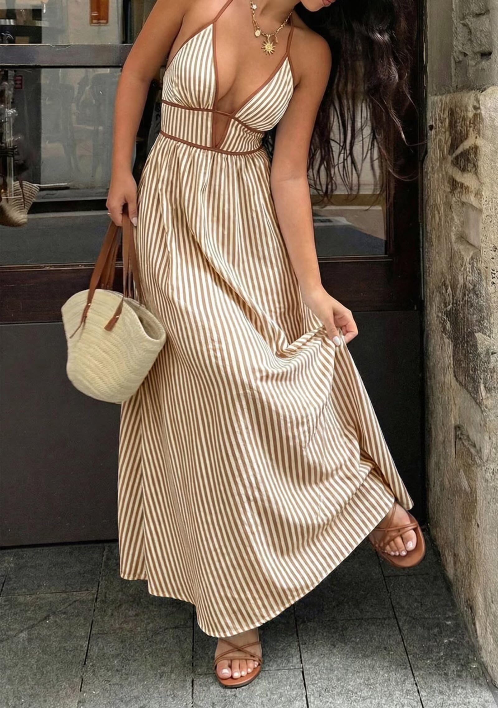 Women Summer Striped Halter Maxi Dress Sexy Beach Vacation Sundress | Casual, travel brunch dresses, soft fabric, deep v neck, backless, smocked, flowy, a line
