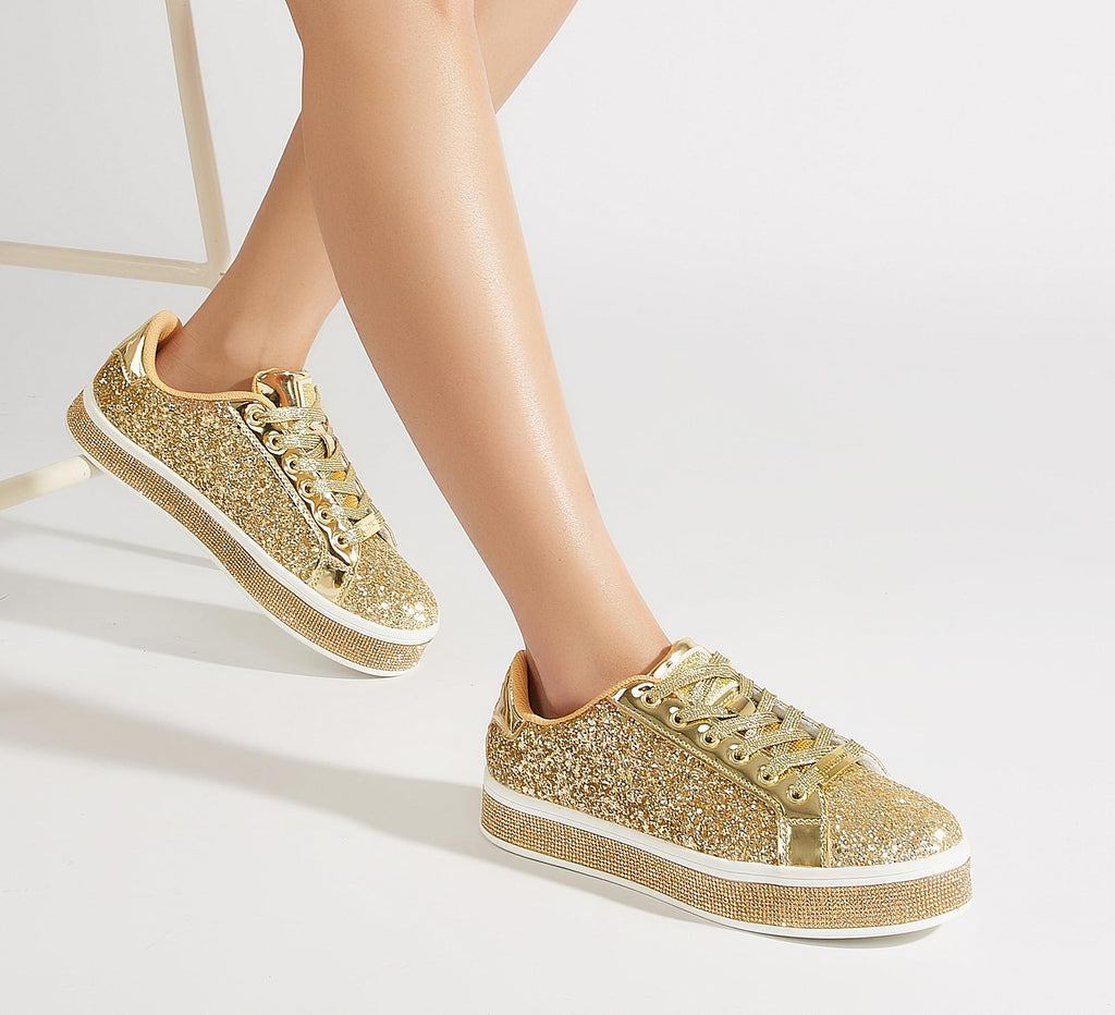LUCKY STEP Women's Platform Sparkly Glitter Sneakers | Bling Shiny Dressy Bedazzled Wedding Bridal Fashion Walking Shoes