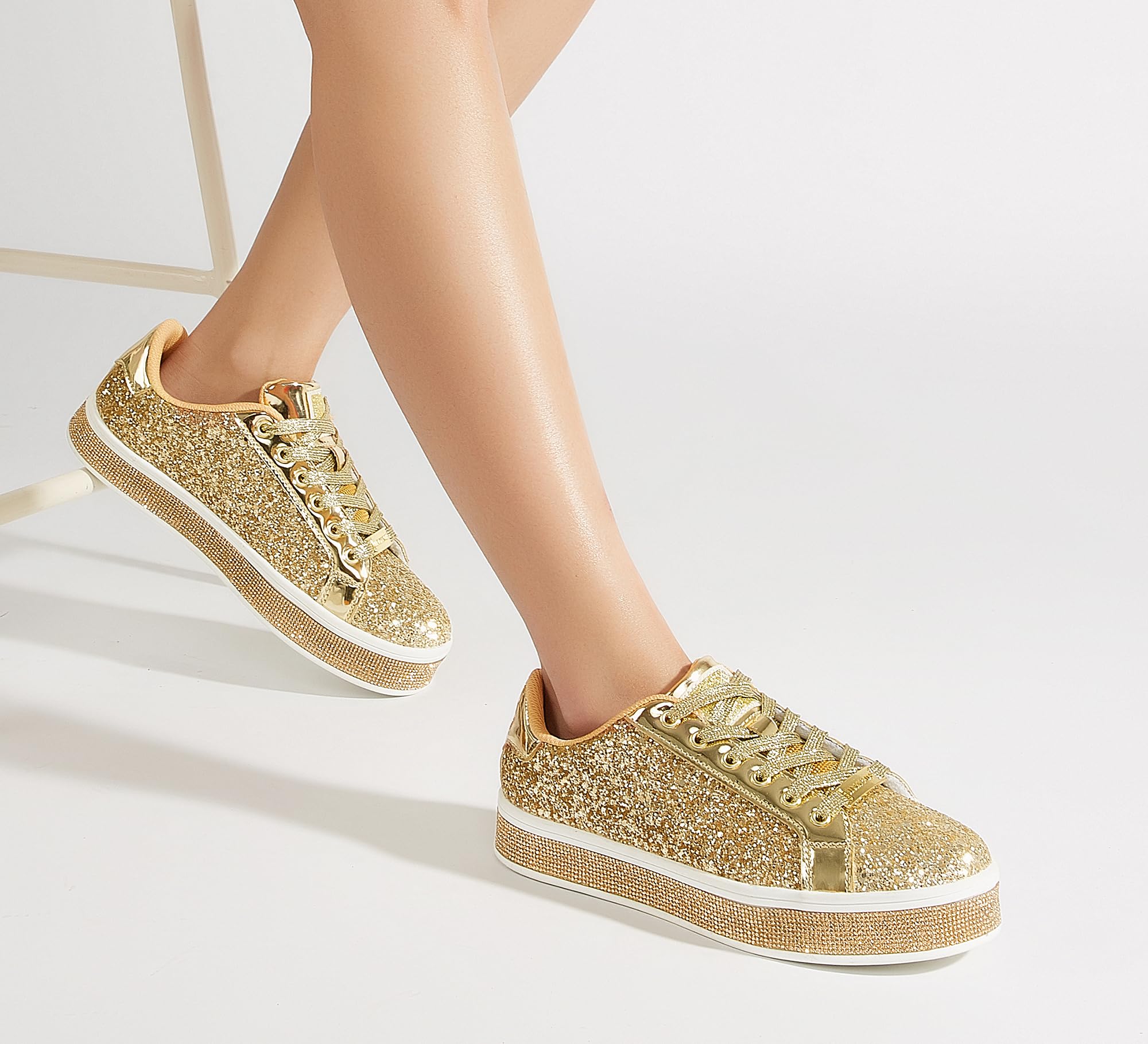 LUCKY STEP Women's Platform Sparkly Glitter Sneakers | Bling Shiny Dressy Bedazzled Wedding Bridal Fashion Walking Shoes