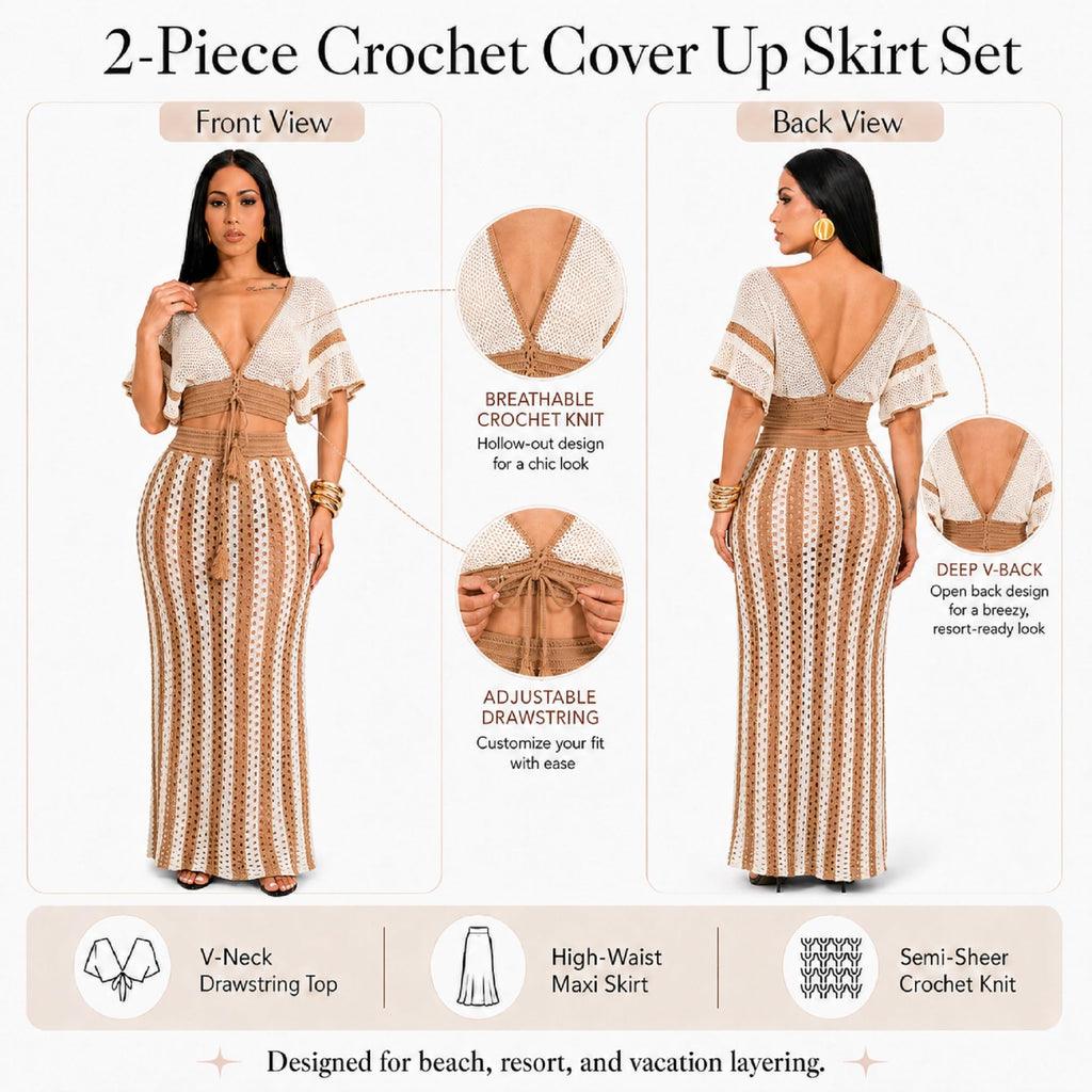 KANSOON Crochet Skirt Set for Women Two Piece Crochet Cover Up | Semi-sheer hollow-out resort layer, tie-front crop top, flattering striped maxi skirt for beach vacation, cruise,poolside