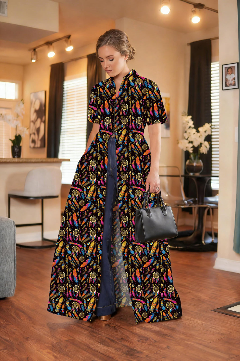 Summer Womens Top Maxi Long Short Sleeve V Neck Zip Up Casual Blouse Kimono Tee Shirt Dress with Pocket for Women