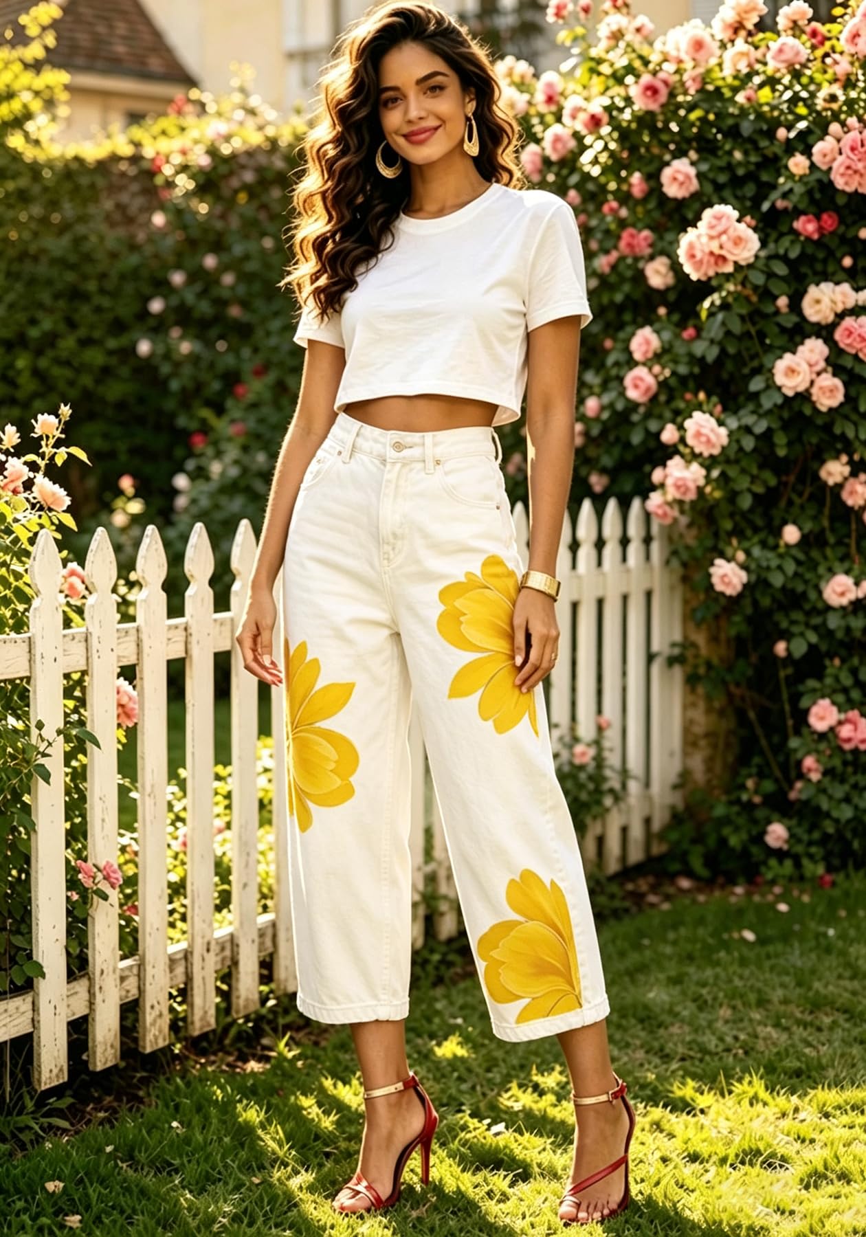 Unybwonn Women Barrel Capri Jeans Floral Wide Leg Cropped Cargo Denim Pants | High Waist,Flower Print,Distressed