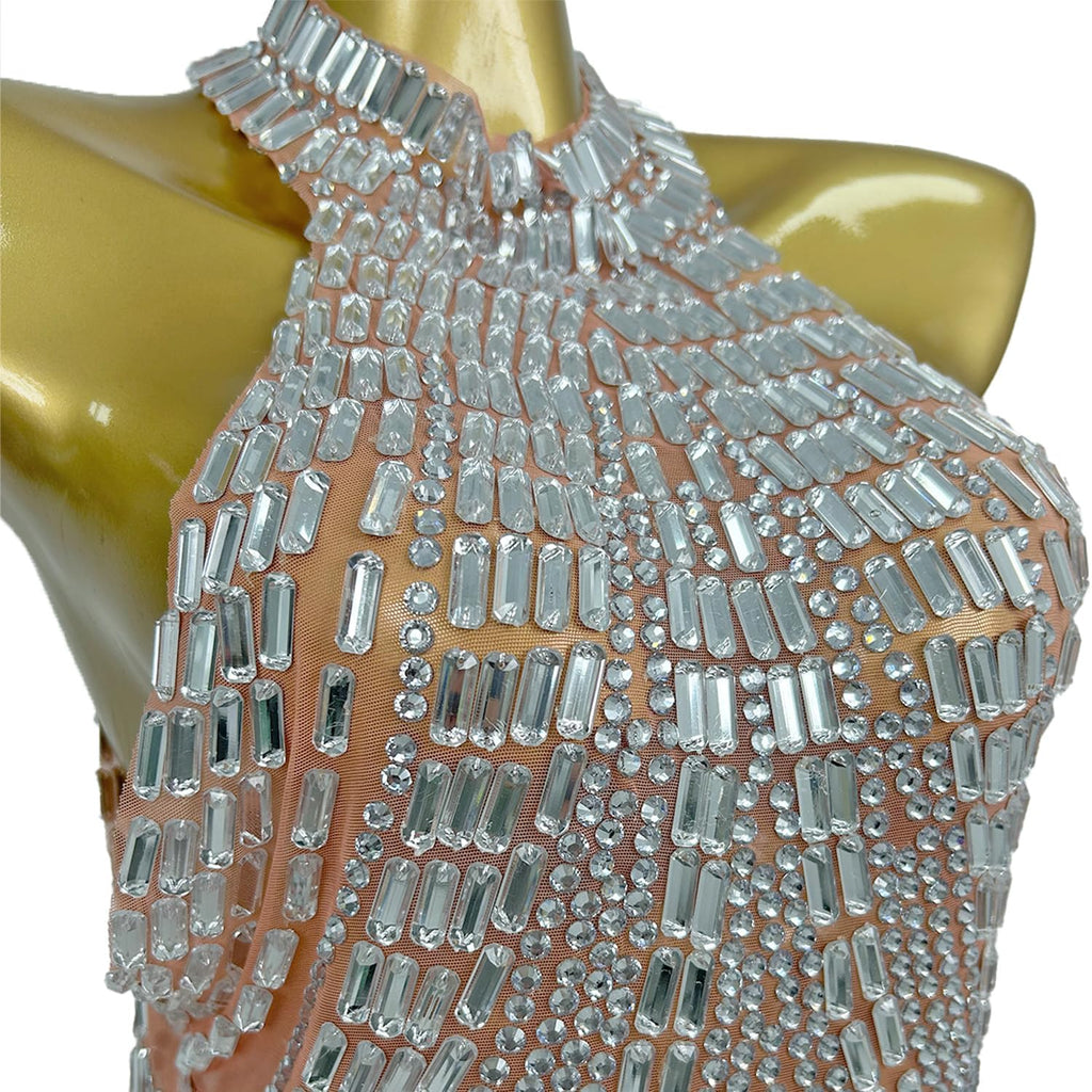 Women Rhinestones Short Prom Dress Nightclub Dancer Party Gowms Stage Performance Costume