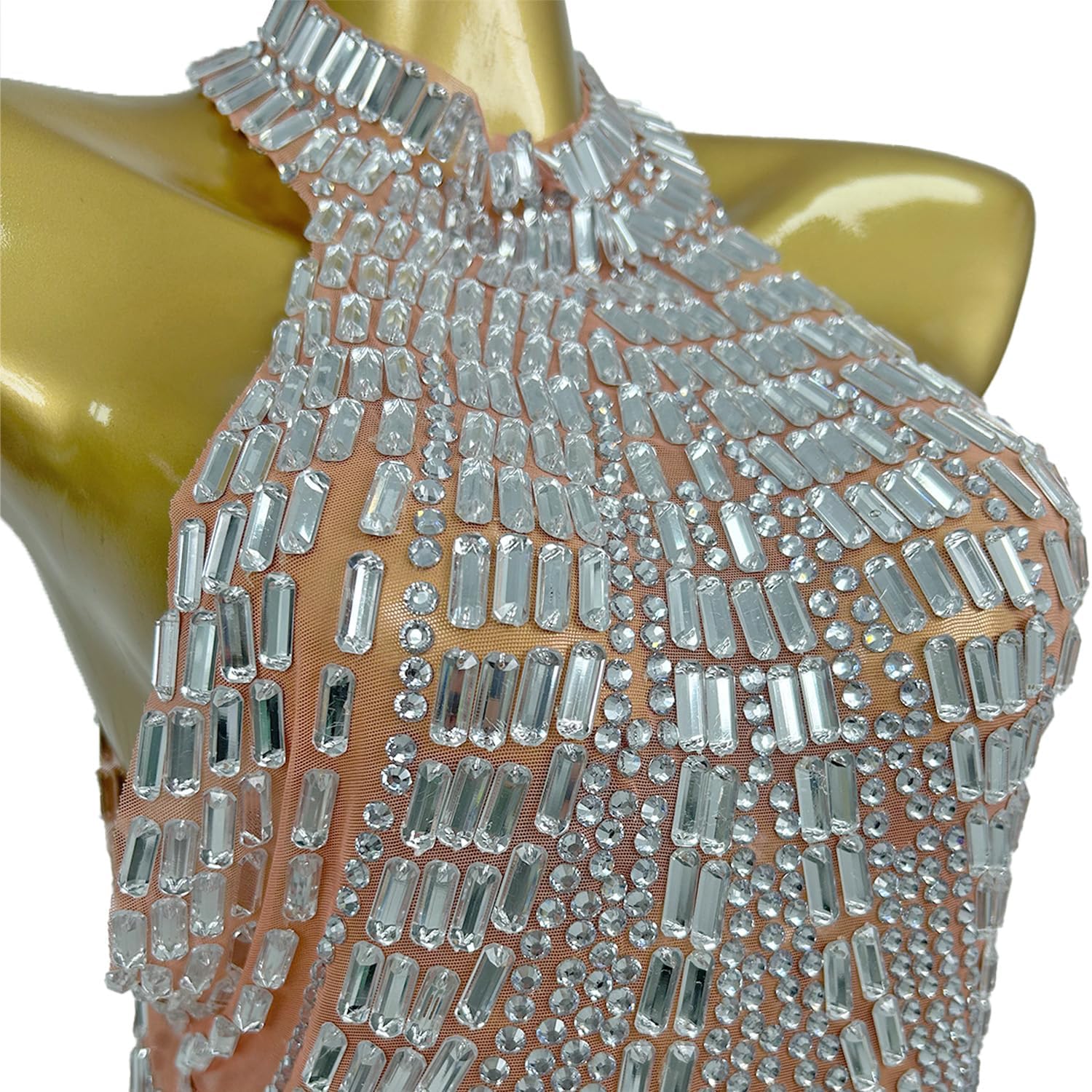 Women Rhinestones Short Prom Dress Nightclub Dancer Party Gowms Stage Performance Costume