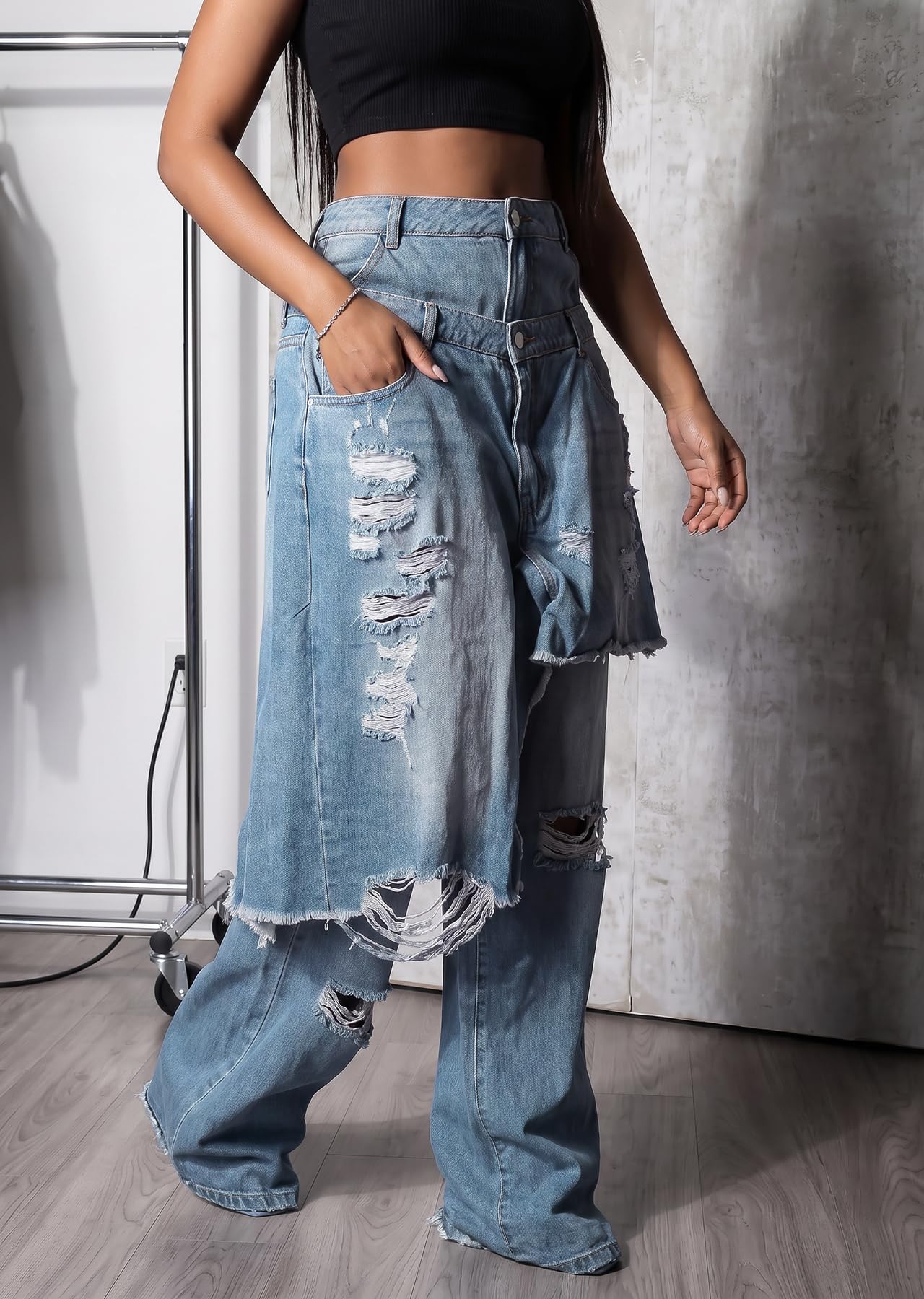 LKOUS Women's Ripped Baggy Jeans High Waist Wide Leg Patchwork Streetwear | Distressed, cutout, Y2K, hip hop, stretchy, soft, pocket, casual, concert, vintage. Machine wash