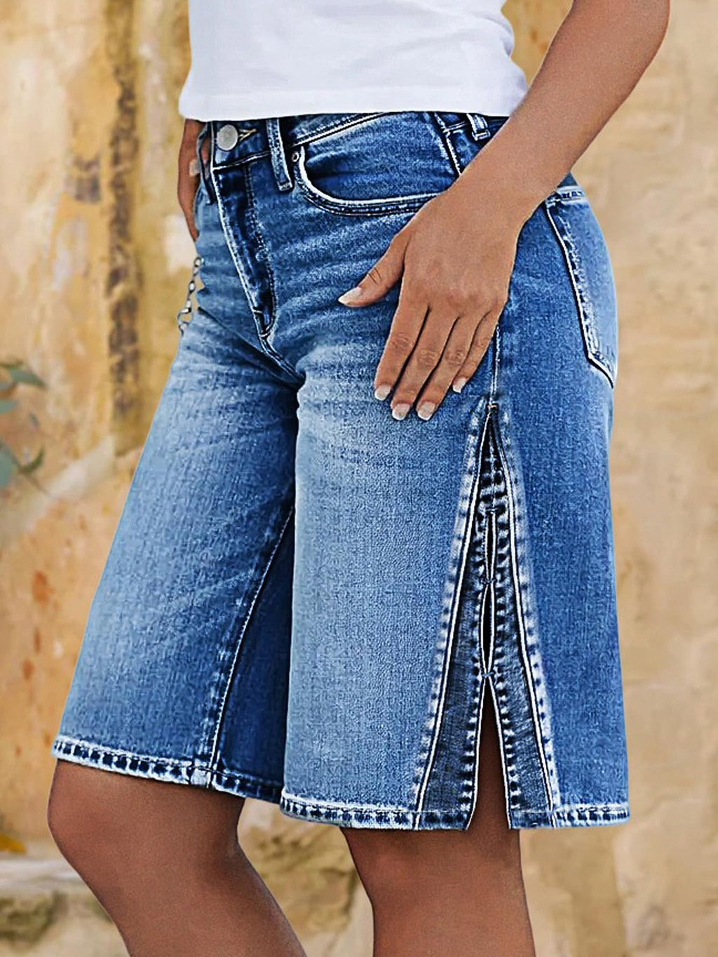 Flamingals Mid Waist Wide Leg Bermuda Denim Shorts for Women | Washed Split Hollow Out Trendy Denim Shorts