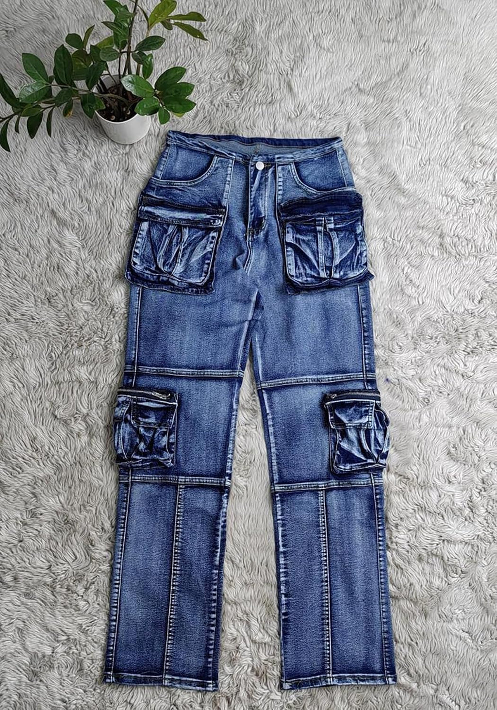 Women's Novelty Fashion Zip Side Slit High Waist Denim Jeans Pants with Multi Pockets