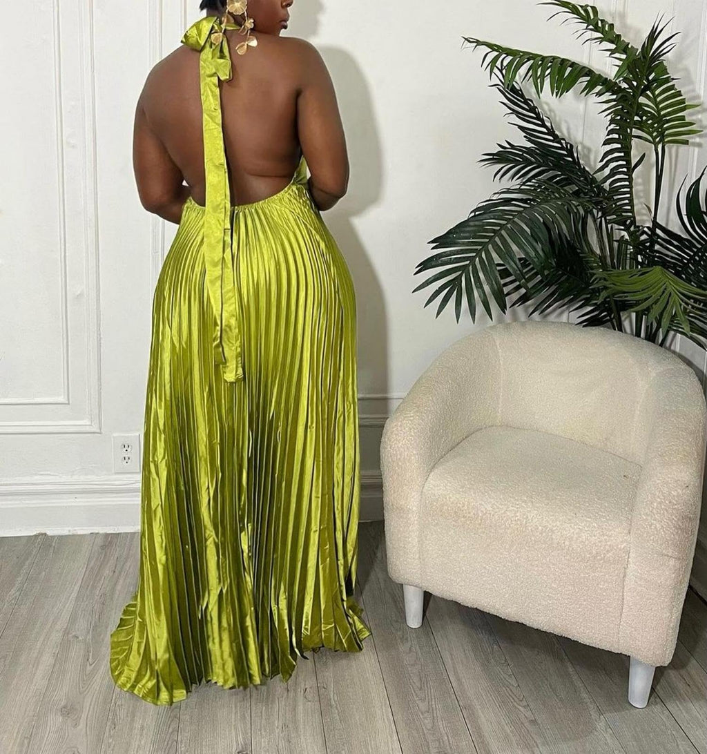 LAJIOJIO Women Pleated Maxi Dress Flowy Spaghetti Strap Halter Long Dresses | V Neck Sleeveless Dress,Summer Casual,Swing,Backless
