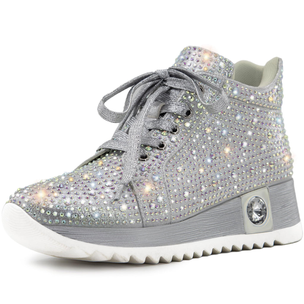 FINDVELL Women's Fashion Glitter Sneakers Platform Wedge Shoes Sparkly Rhinestone High Top Sneakers Trendy Sequin Shoes Wedding Bride Dress