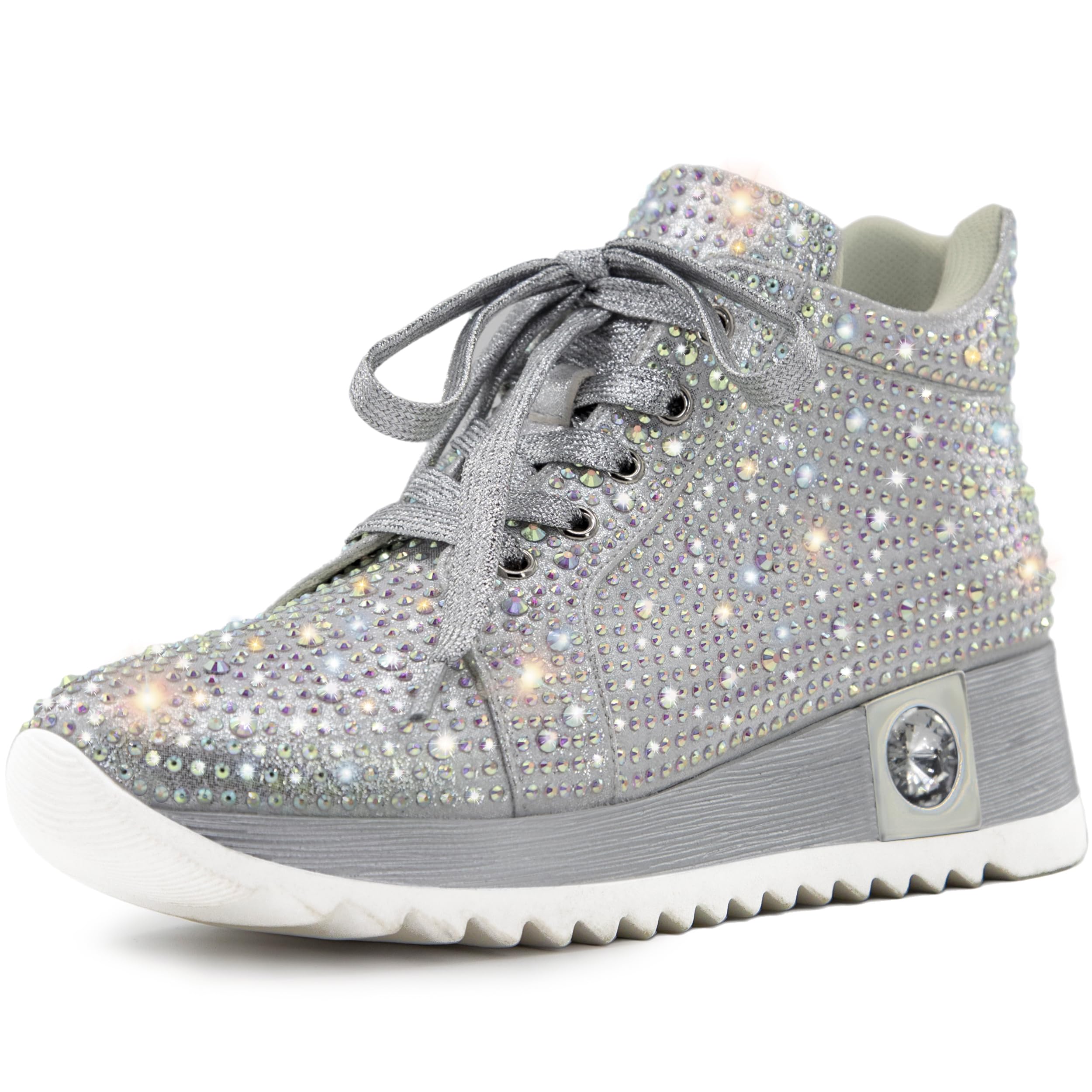 FINDVELL Women's Fashion Glitter Sneakers Platform Wedge Shoes Sparkly Rhinestone High Top Sneakers Trendy Sequin Shoes Wedding Bride Dress