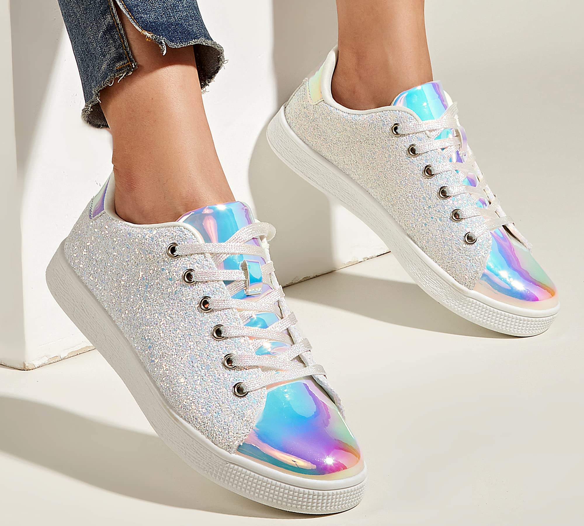 LUCKY STEP Women's Sparkly Glitter Shoes Bling Shiny | Sparkle Bedazzled Fashion Sneaker for Walking Wedding | Dressy Versatile Casual Style