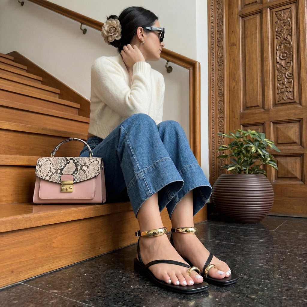 CUSHIONAIRE Secret Flat Sandals for Women with Gold Ankle Cuff and Toe Ring Strap, Vegan Leather Dress Sandals