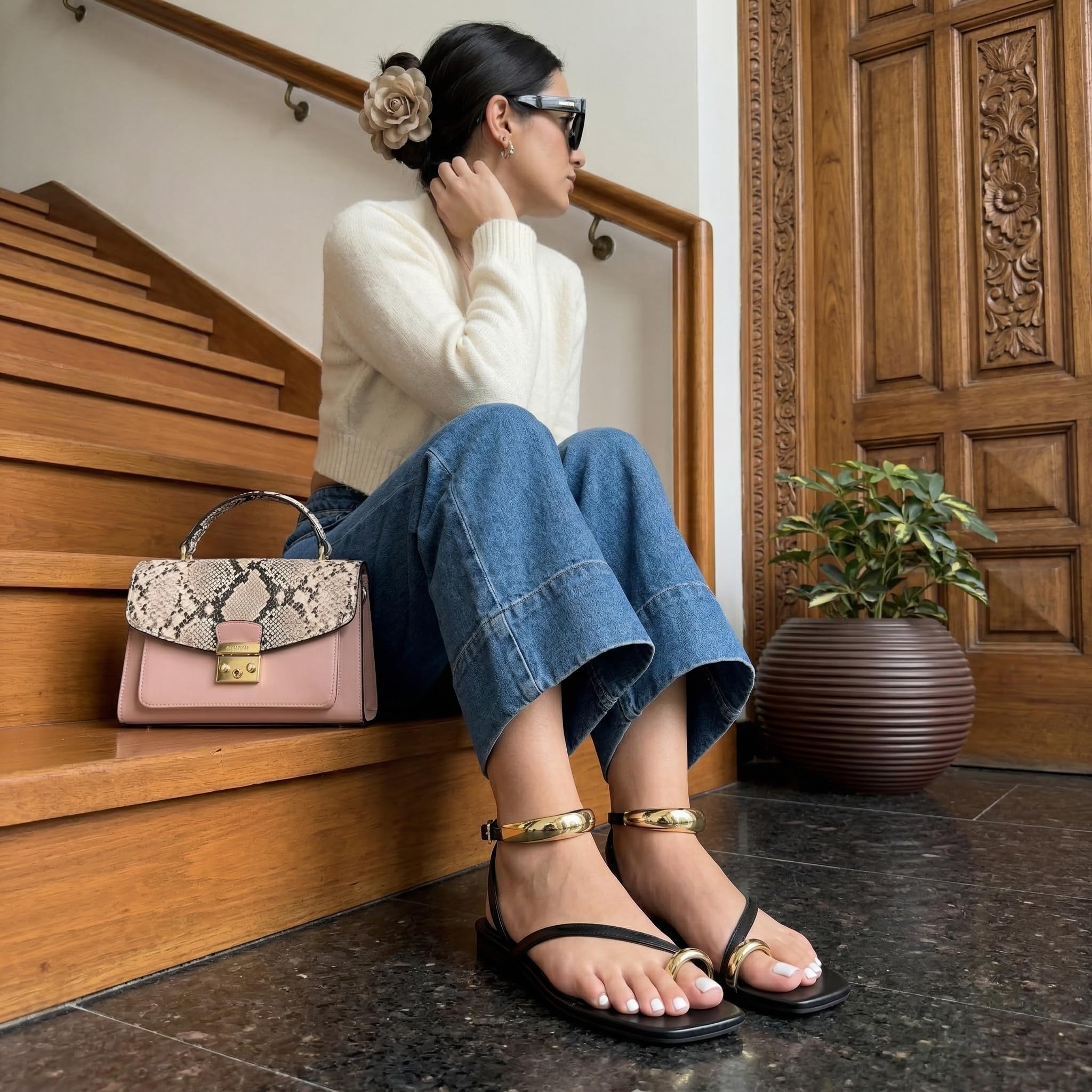 CUSHIONAIRE Secret Flat Sandals for Women with Gold Ankle Cuff and Toe Ring Strap, Vegan Leather Dress Sandals