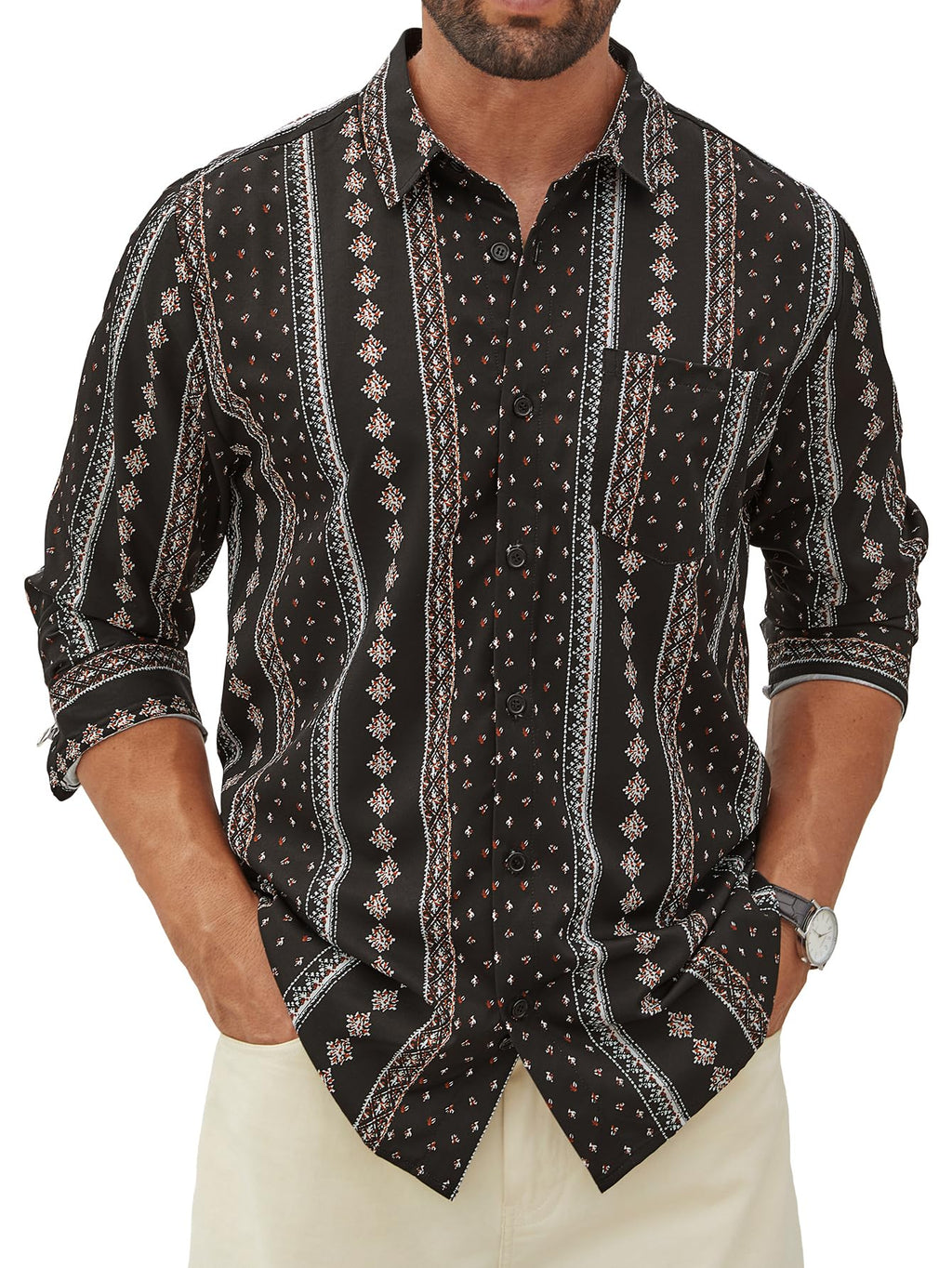 Hardaddy Men's Tropical Floral Button Down Long Sleeve Hawaiian Shirt Flower Printed Beach Shirts