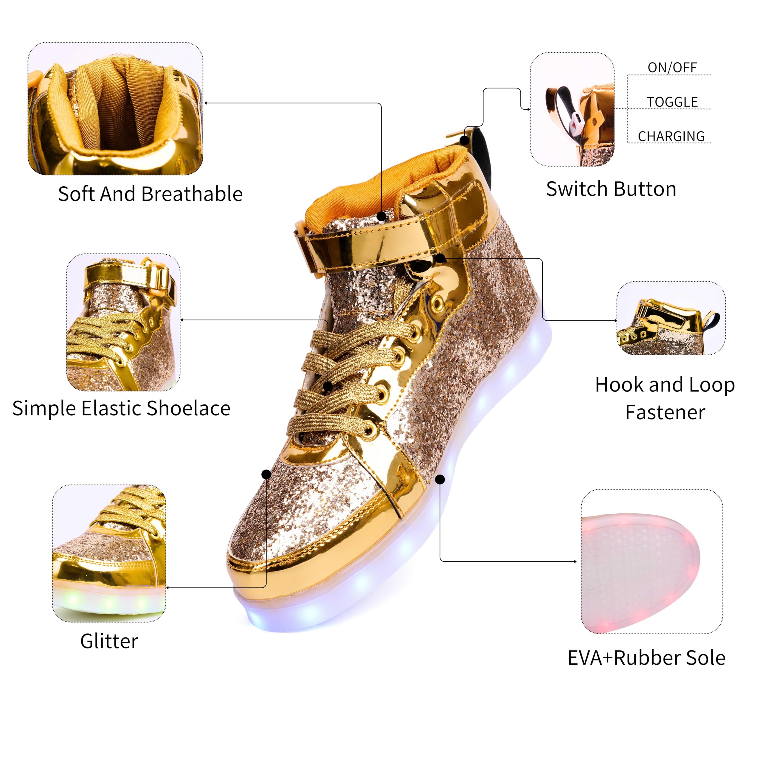 Glitter Led Shoes Light Up Shoes High Top Sneakers for Women Men Flashing Dancing Shoes for Halloween Christmas Party with USB Charging