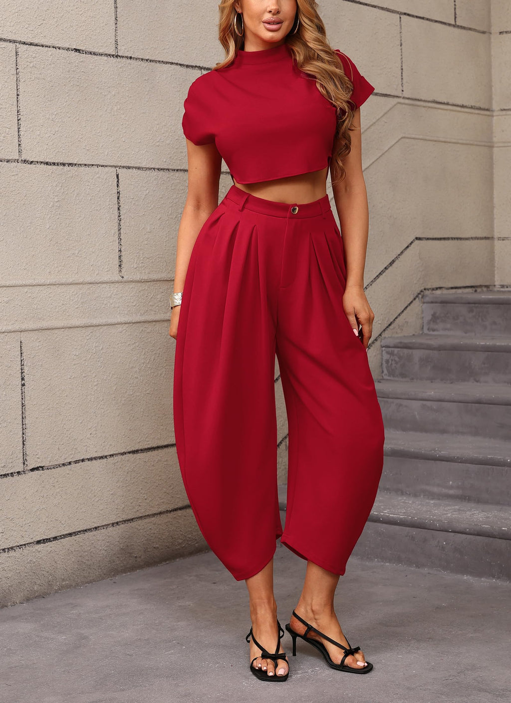 Ekaliy Womens Casual 2 Piece Outfits Cap Sleeve Crop Top Palazzo Pants Set | Mock Neck,Short Sleeve,Zipper-Back Crop Top,High-Waisted Pleated Pants,Wide Leg Dress Pants,2 Piece Sets For Women Dressy