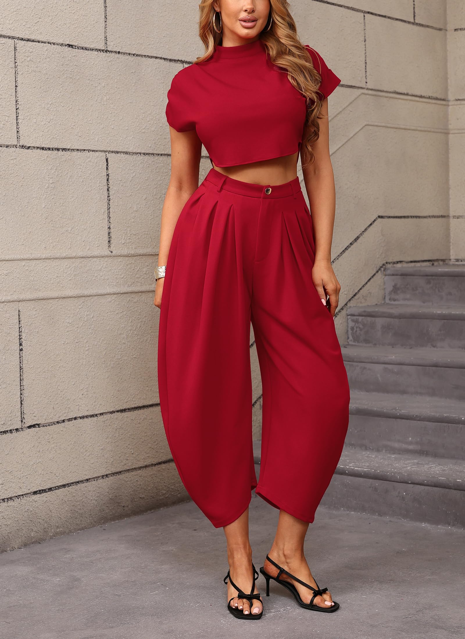 Ekaliy Womens Casual 2 Piece Outfits Cap Sleeve Crop Top Palazzo Pants Set | Mock Neck,Short Sleeve,Zipper-Back Crop Top,High-Waisted Pleated Pants,Wide Leg Dress Pants,2 Piece Sets For Women Dressy