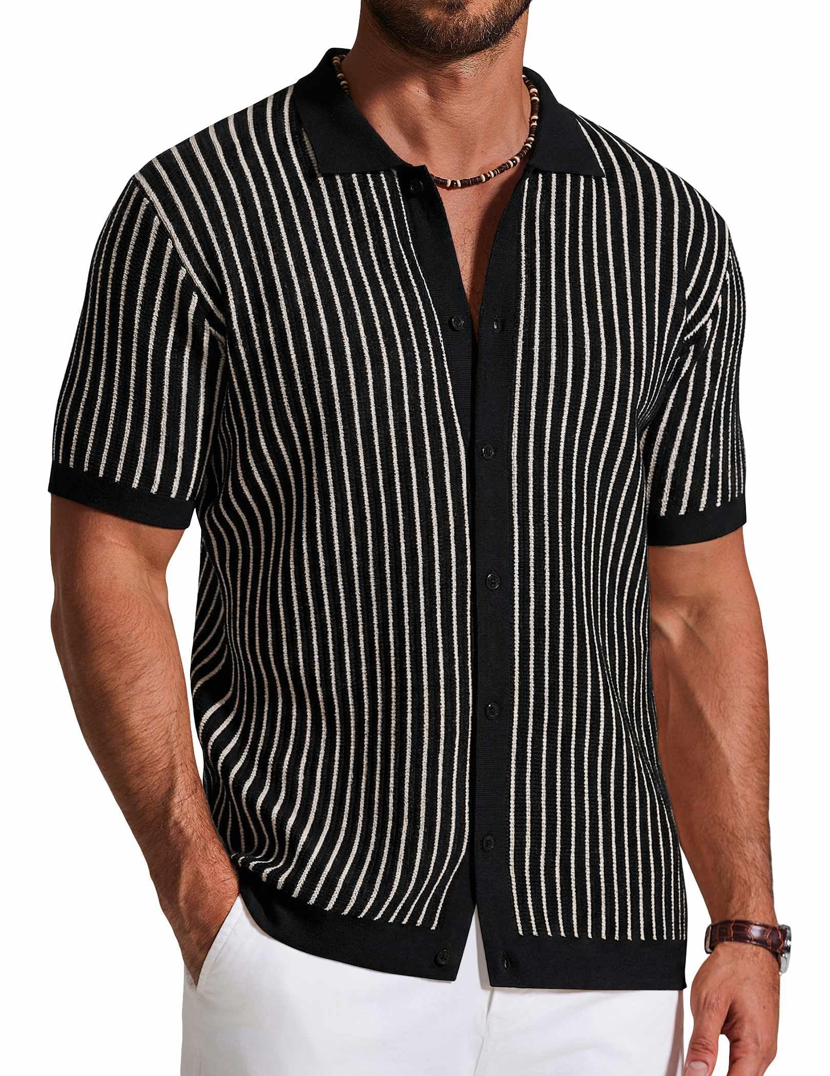 COOFANDY Mens Knit Button Down Shirts Short Sleeve Polo Shirt Vintage Striped Casual Shirts