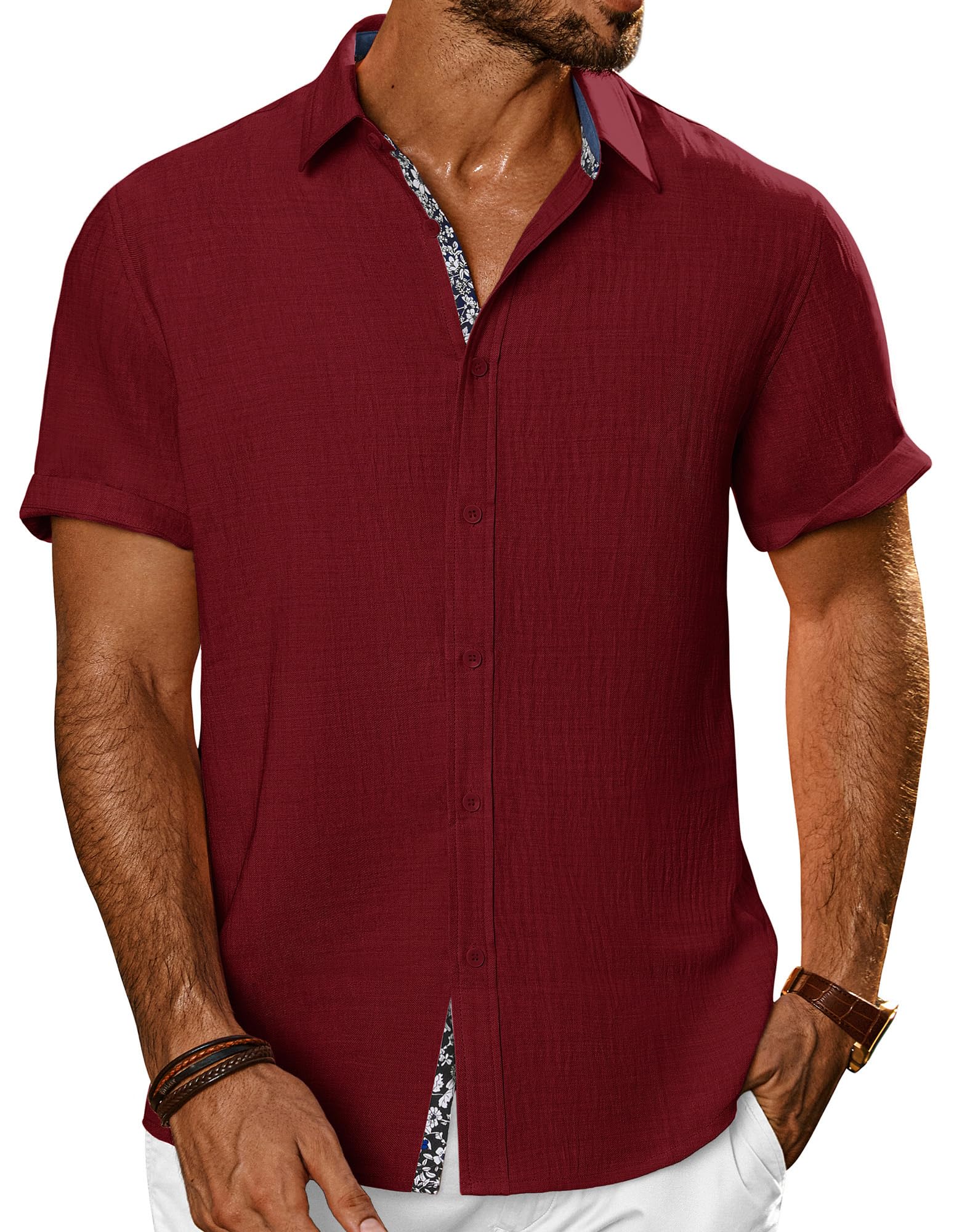 PJ PAUL JONES Mens Short Sleeve Button Down Shirts Casual Summer Clothing | Linen Textured, Summer Beach Vacation Tops, Untucked Dress Shirt, Lightweight, Regular Fit, Fashion Resort Wear