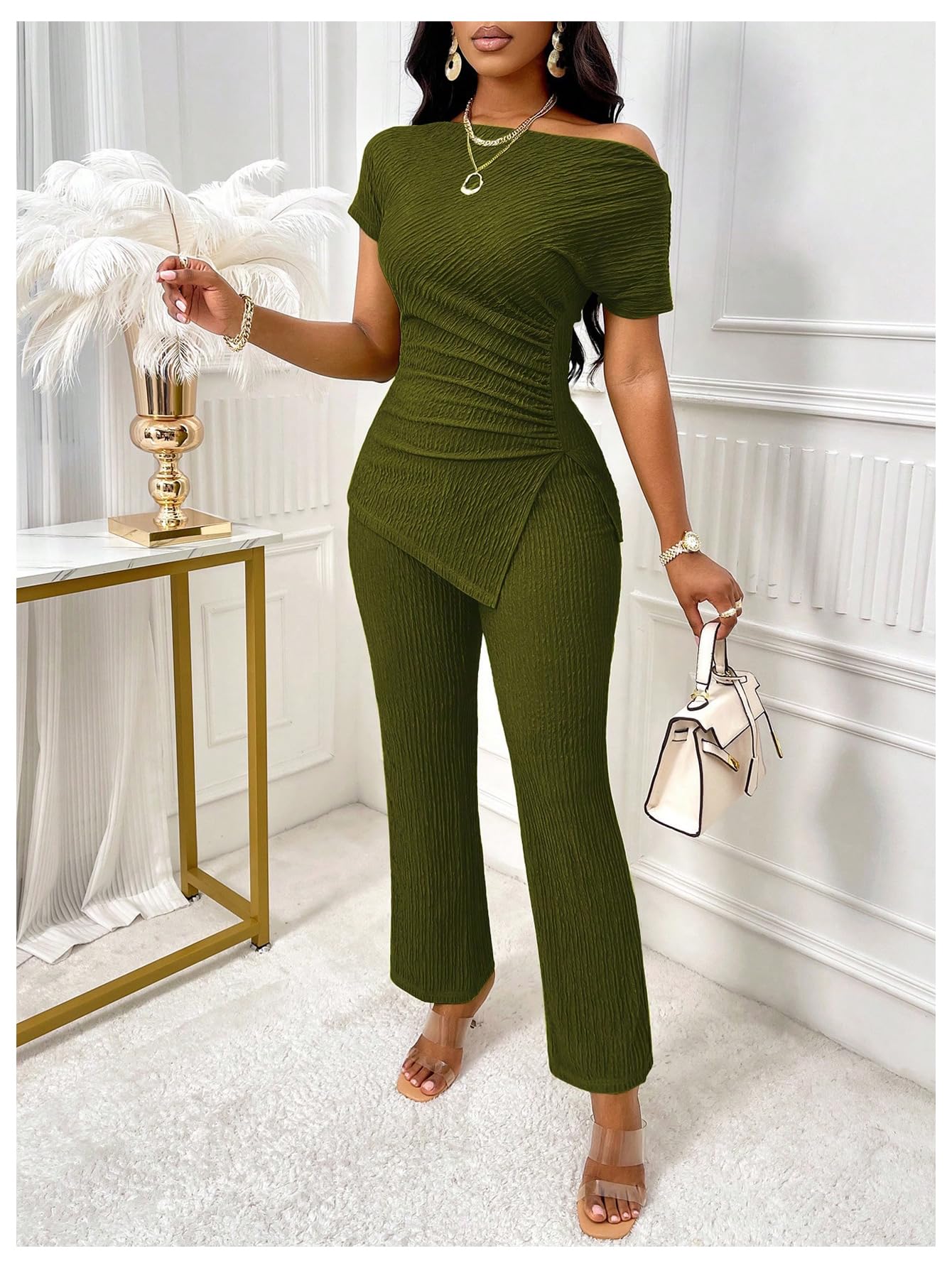 SOLY HUX Women's 2 Piece Outfit Short Sleeve Ruched T Shirt and Pants Set | Asymmetrical Neck, Going Out Set, Dressy, Summer Set