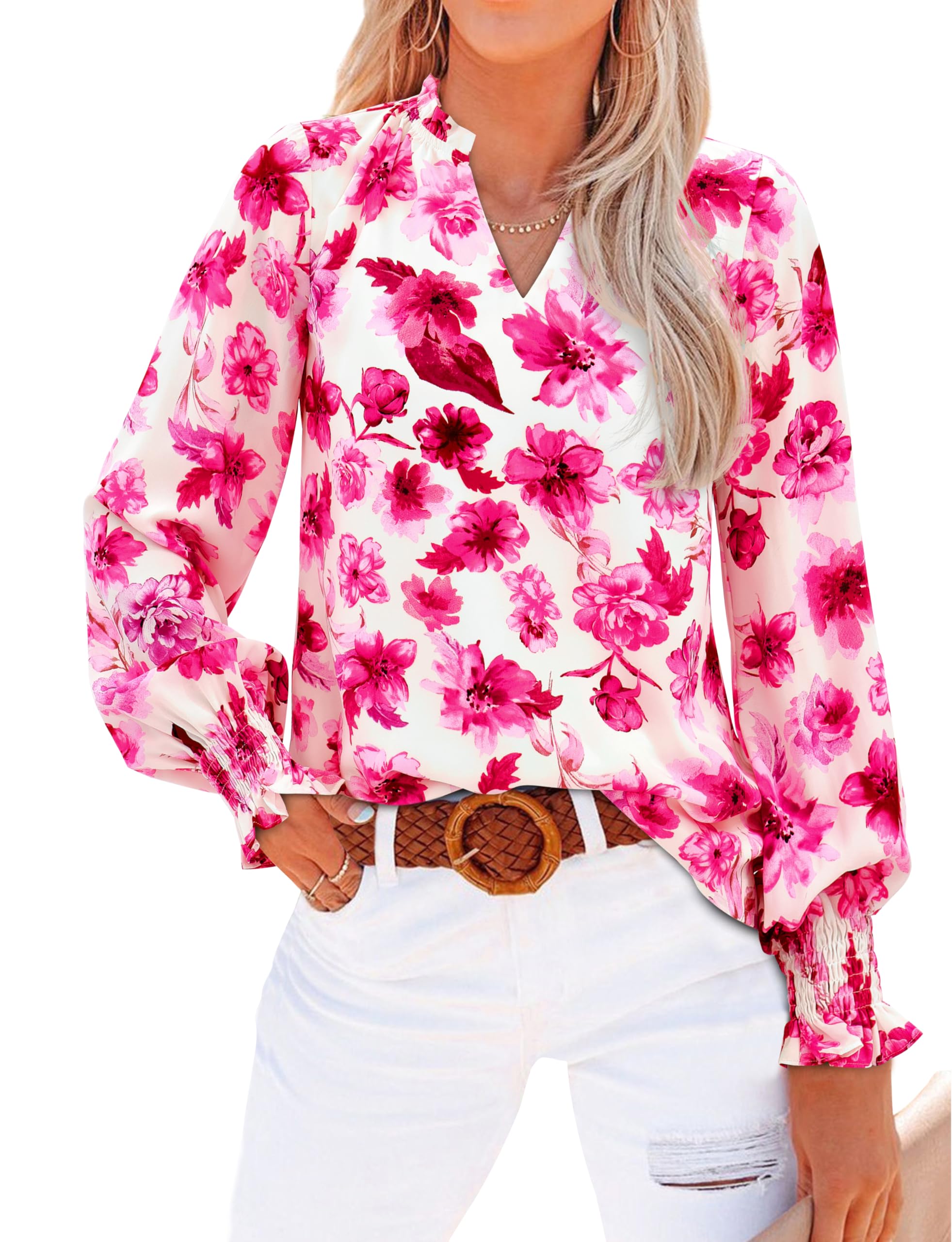 MASCOMODA Womens Boho Floral Long Sleeve Loose Chiffon Blouses | Puff Sleeve Ruffle V Neck Tops, Work Blouses for Women Dressy Casual, 2026 Summer T Shirts, Hawaiian Shirts for Women