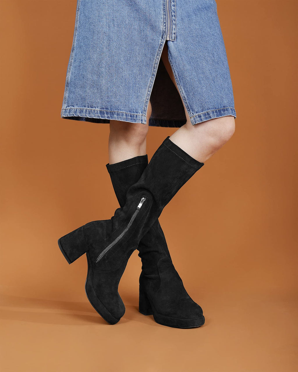 LanreyTaley Elastic Women Knee High Boots Platform Chunky Heel Tall Boots Suede Dress Boots Side Zipper Stretch Boots Fall