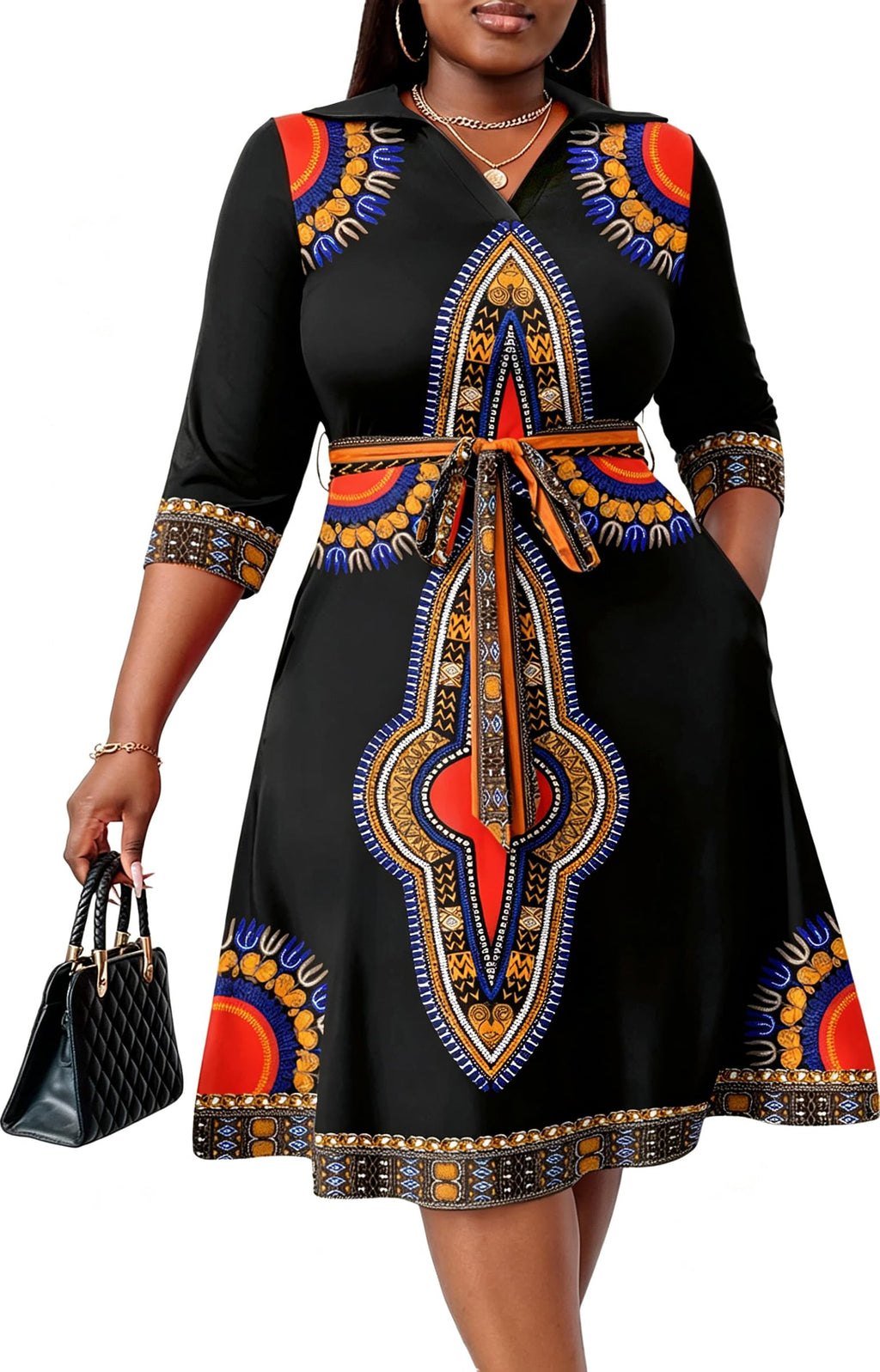 FANDEE Plus Size Midi Dress for Women Casual - Fit and Flare Summer Dresses | Semi Formal,African Print,Polo Collar Cocktail Dress,With Pockets And Belt